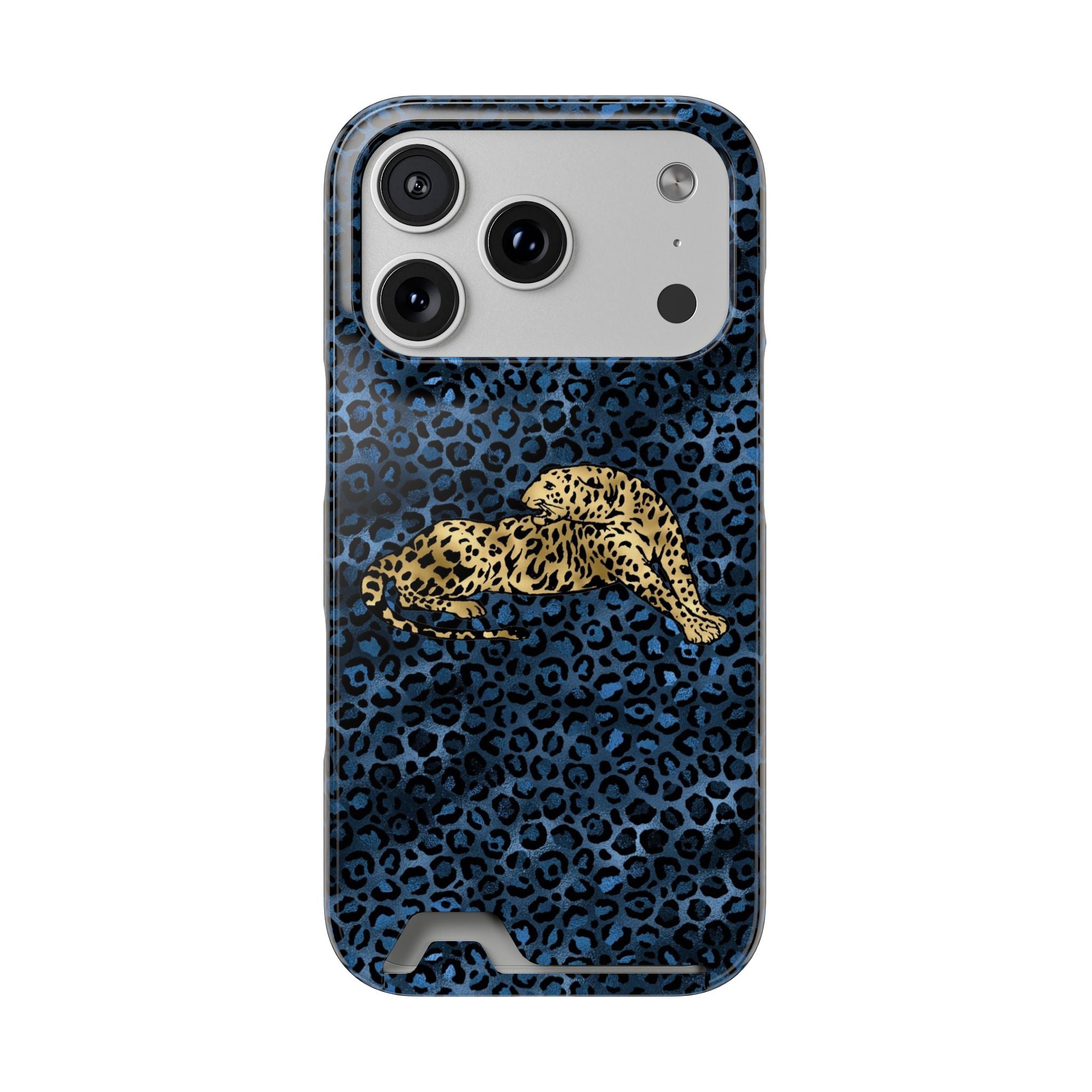 Blue Leopard Phone Case with Card Holder — Gold Cheetah Accent Printify