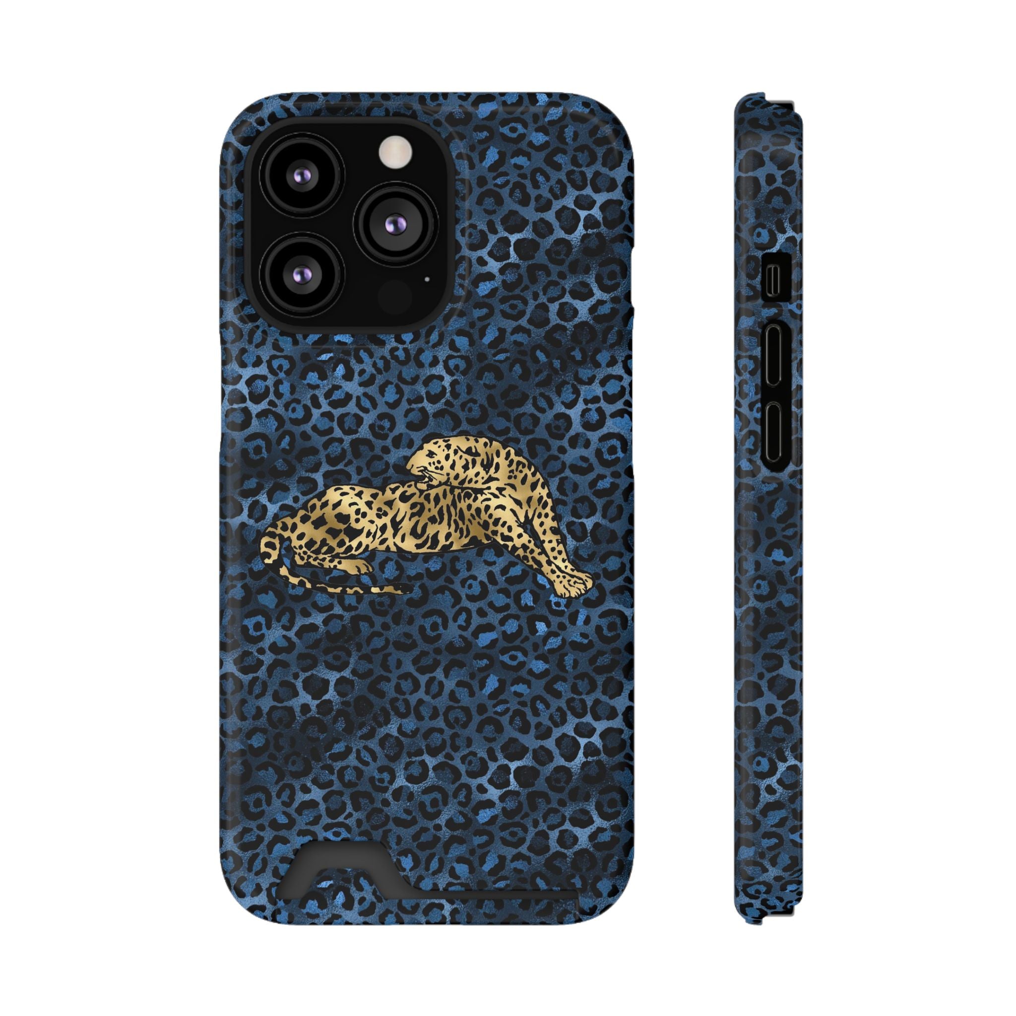 Blue Leopard Phone Case with Card Holder — Gold Cheetah Accent Printify