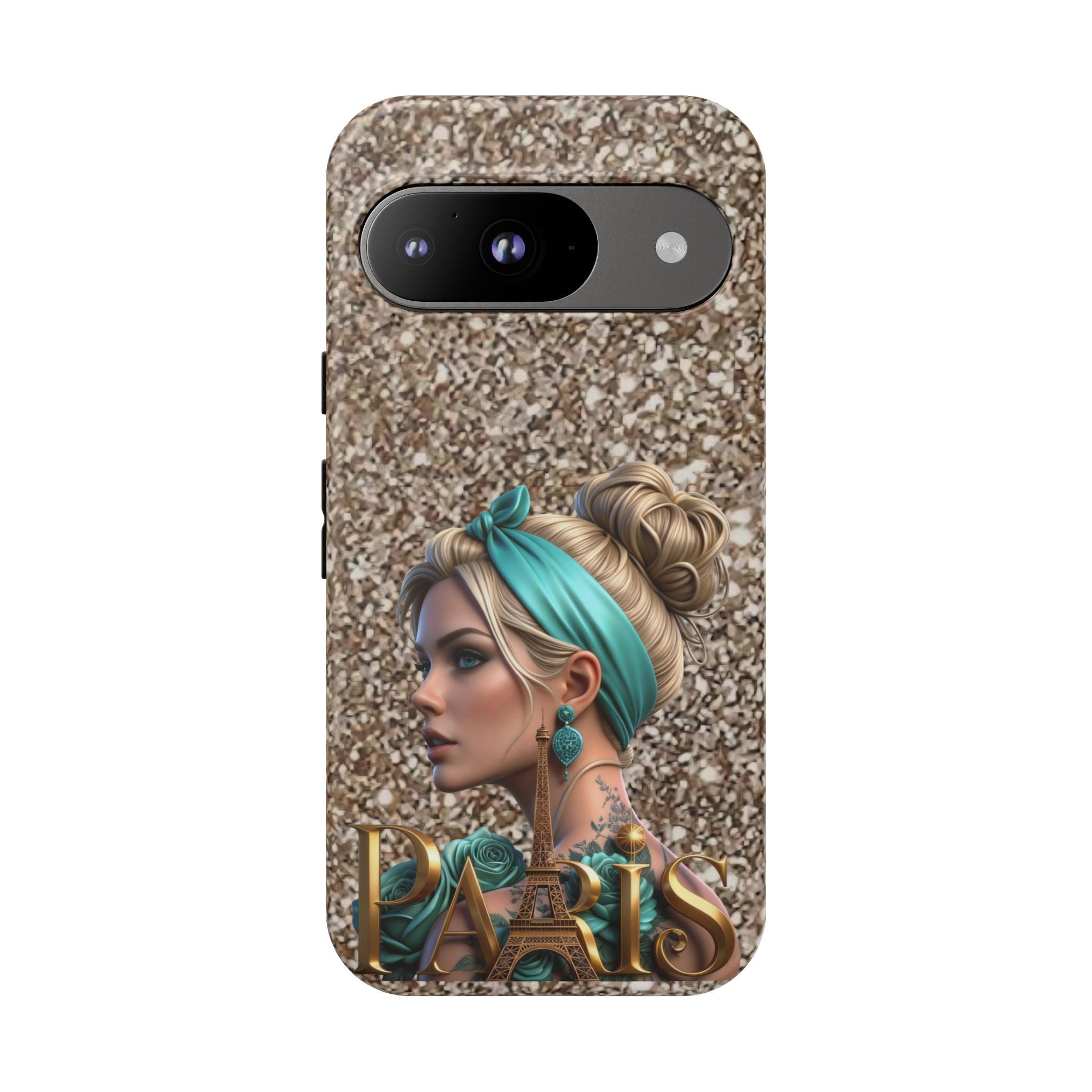 Parisian Glam Phone Case — Retro Pin-Up Girl with Teal Headscarf on Glitter Background Printify