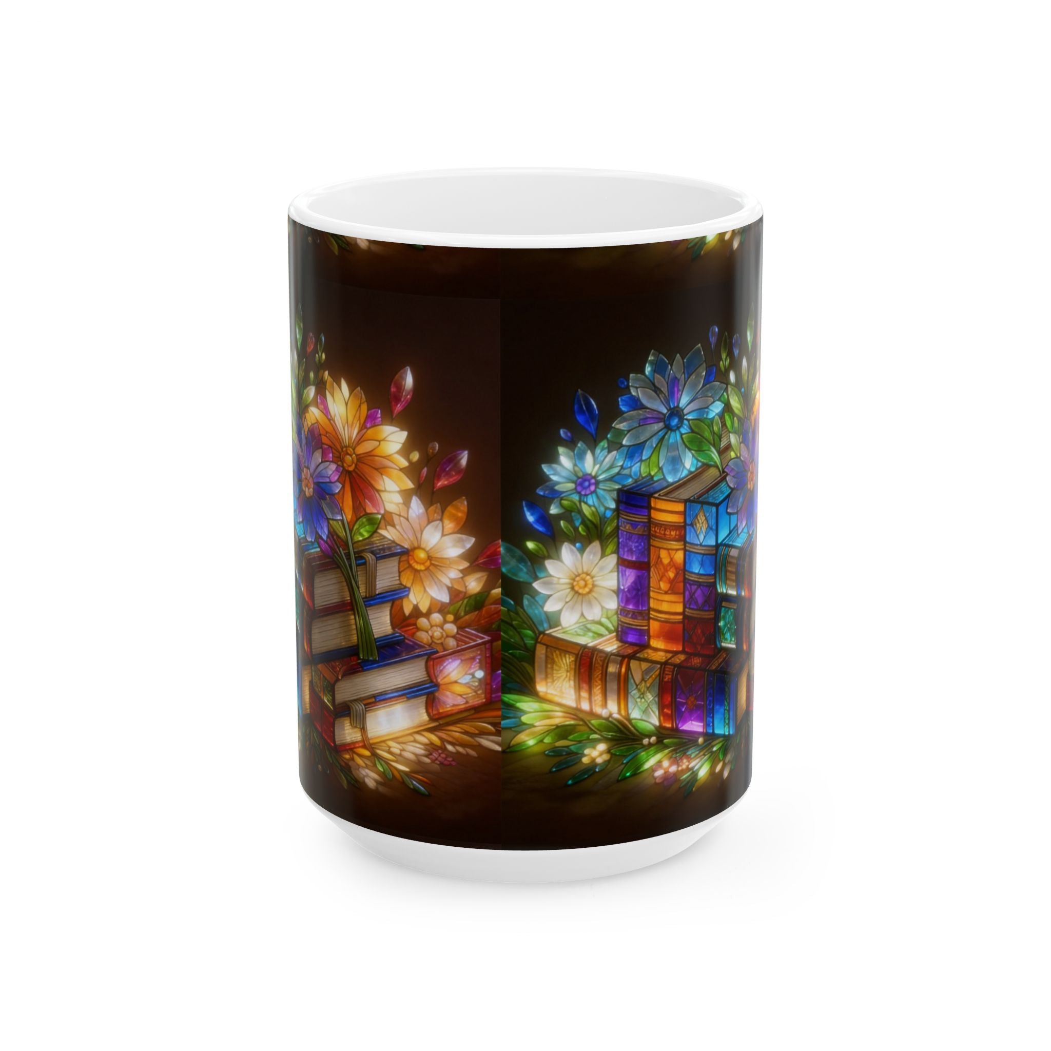 Color Glas Ceramic Mug — Stained Glass Books & Flowers Floral Reading Mug (11oz/15oz) Printify