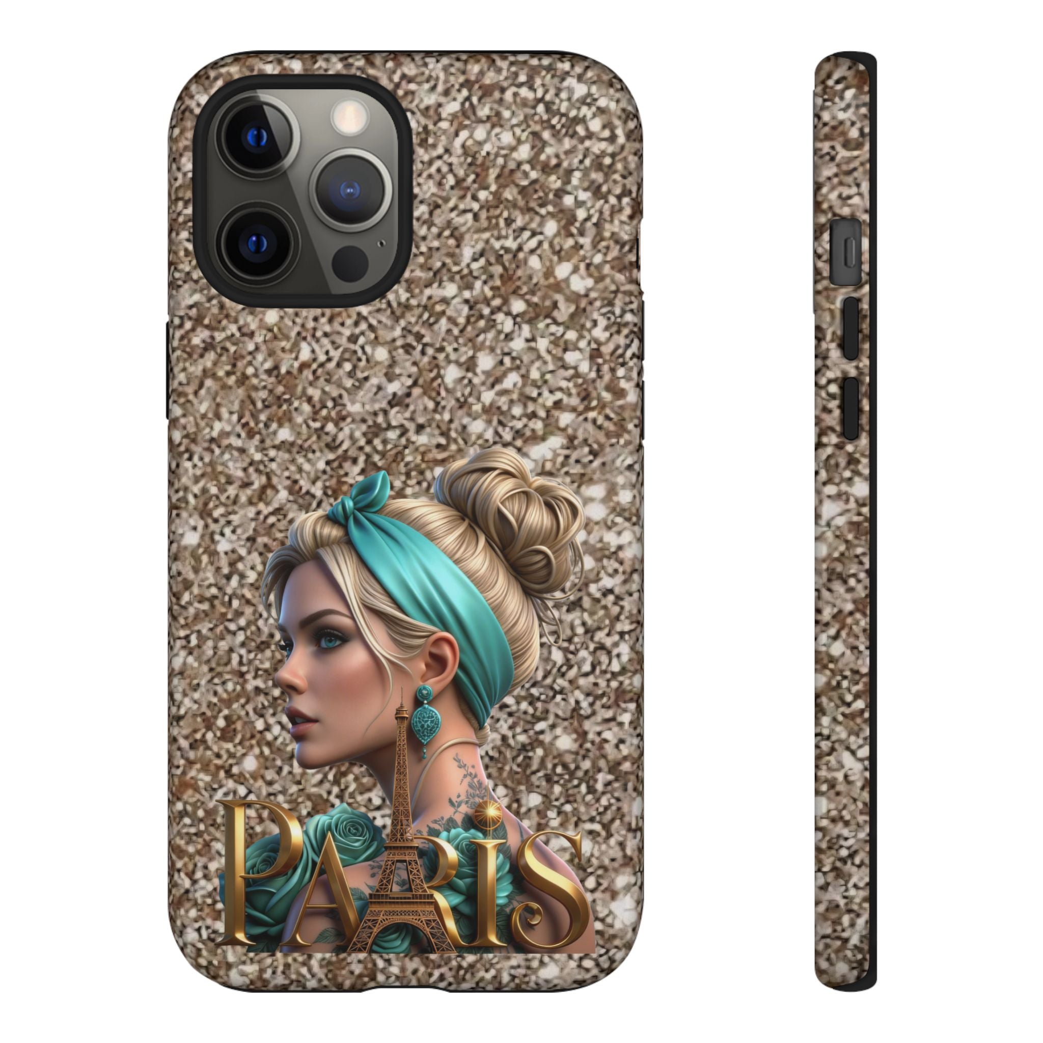 Parisian Glam Phone Case — Retro Pin-Up Girl with Teal Headscarf on Glitter Background Printify