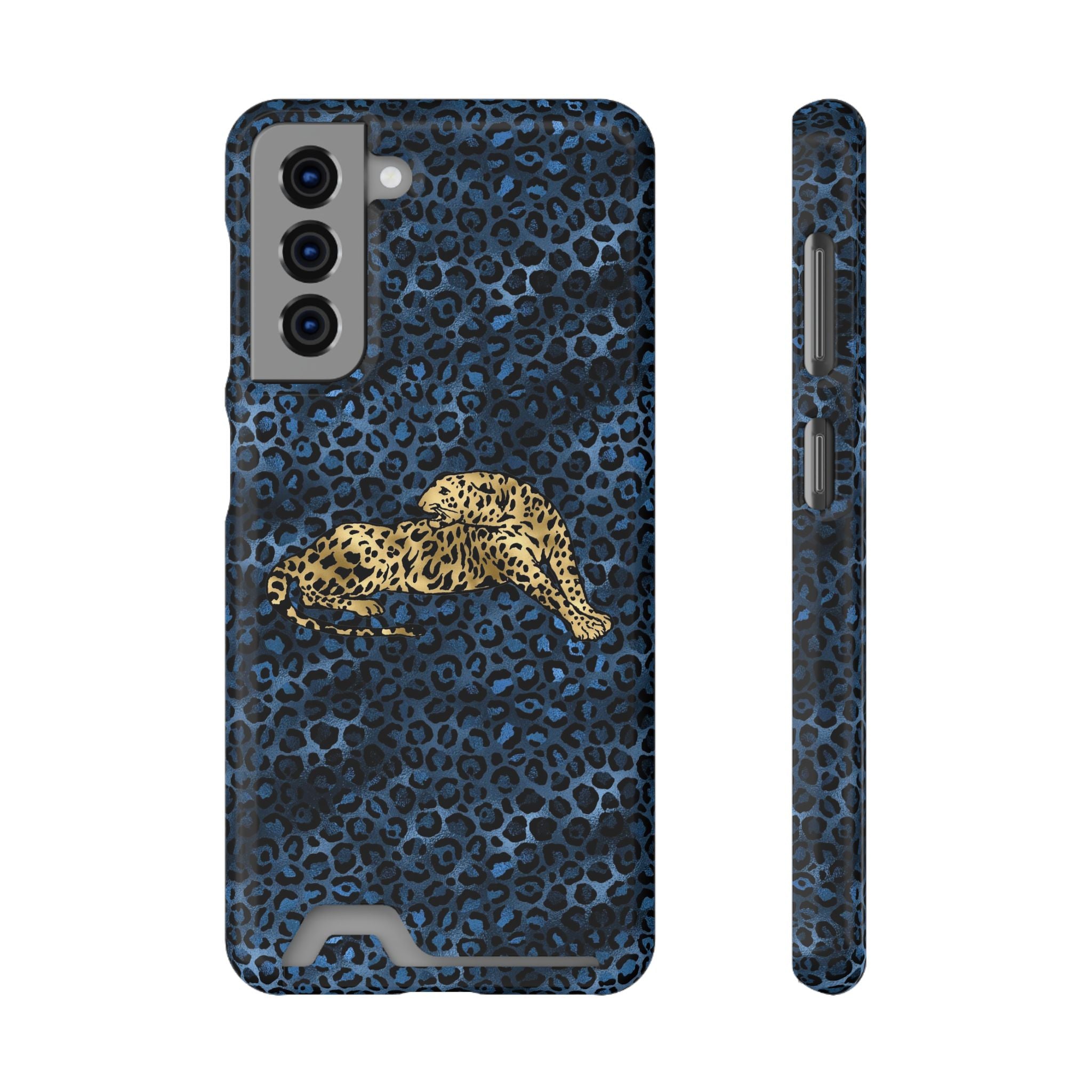 Blue Leopard Phone Case with Card Holder — Gold Cheetah Accent Printify