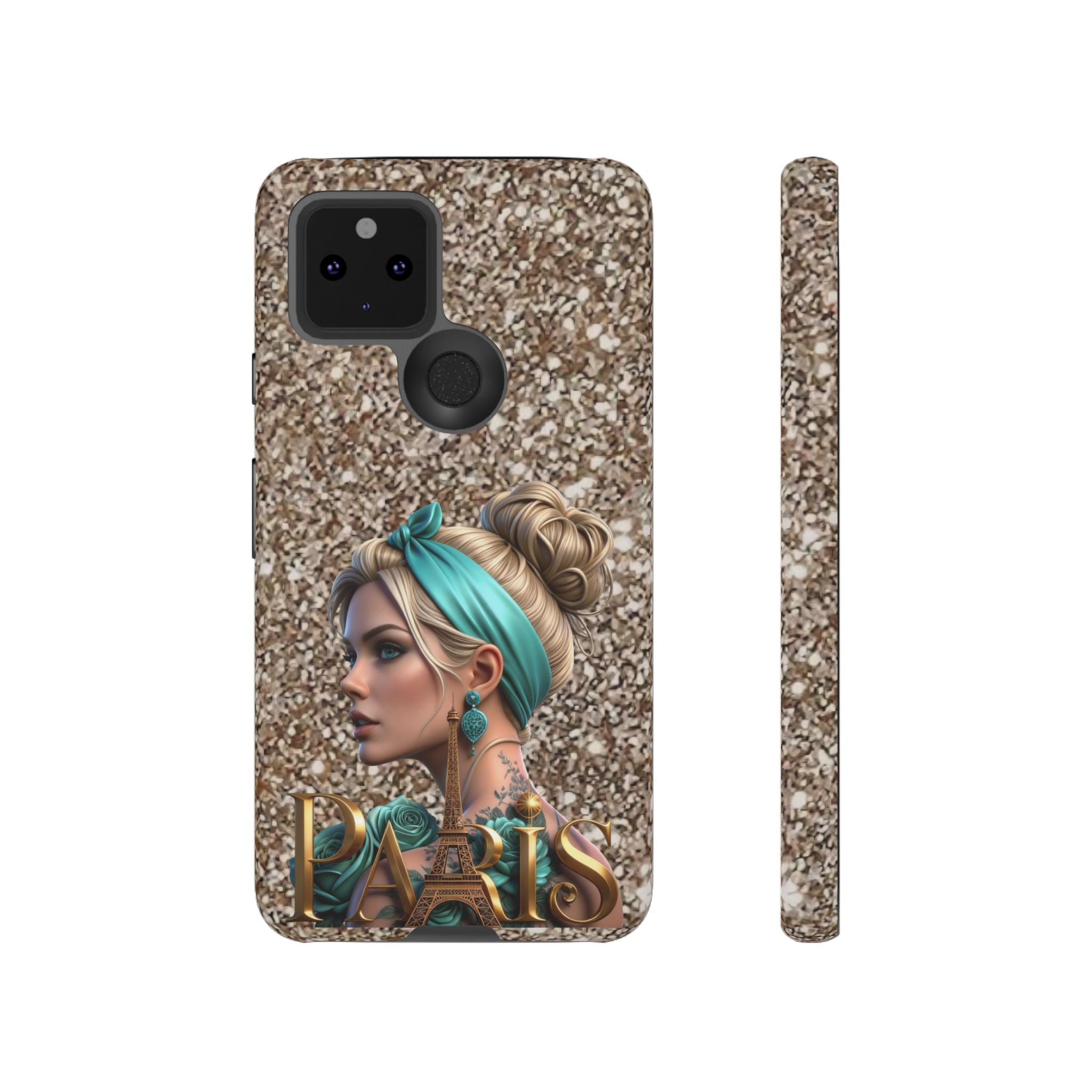 Parisian Glam Phone Case — Retro Pin-Up Girl with Teal Headscarf on Glitter Background Printify