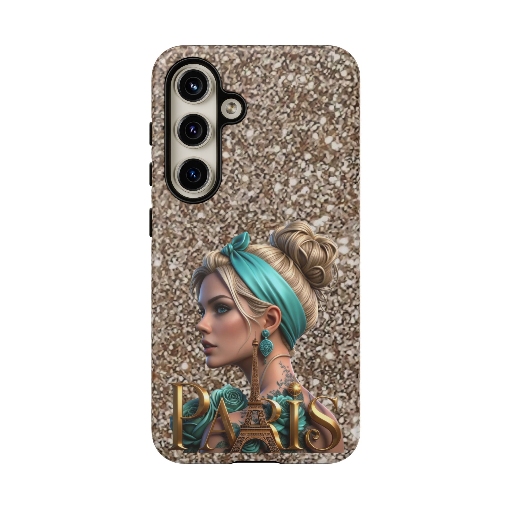Parisian Glam Phone Case — Retro Pin-Up Girl with Teal Headscarf on Glitter Background Printify