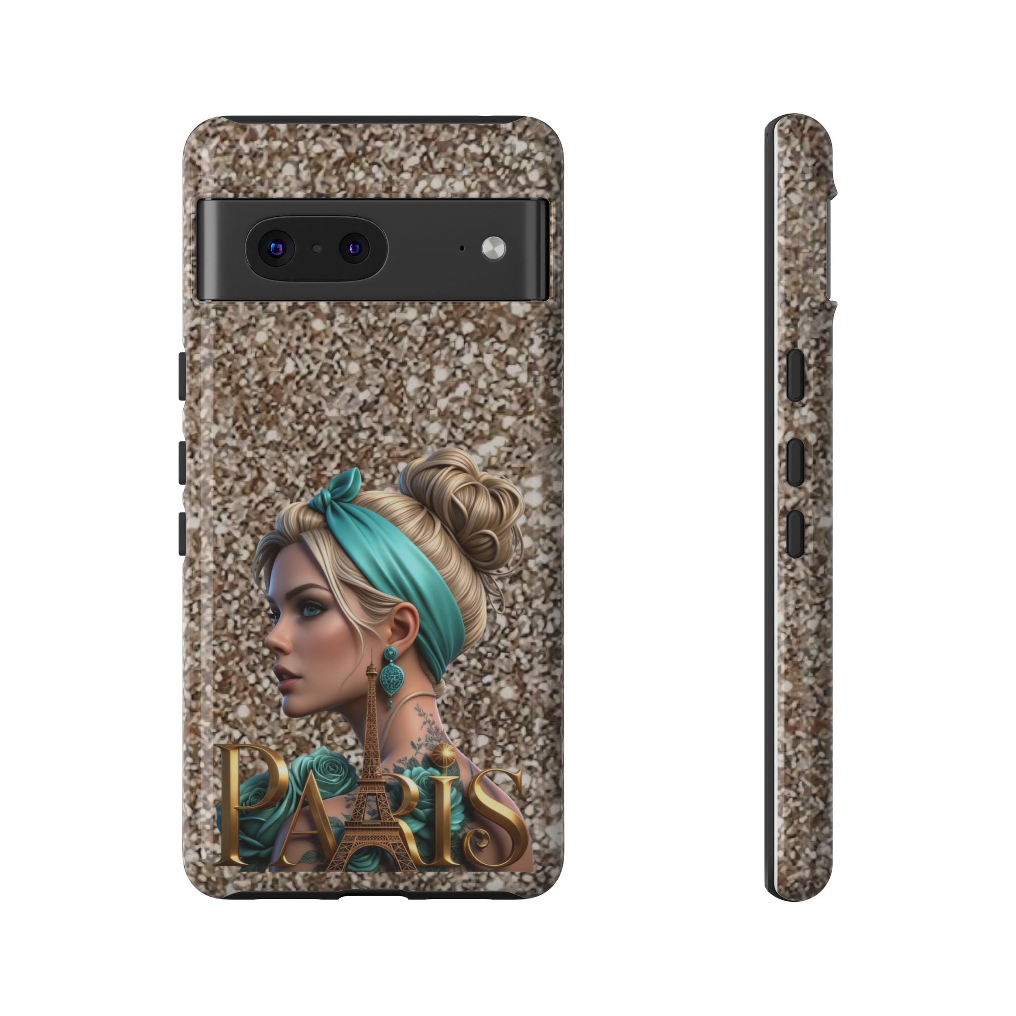 Parisian Glam Phone Case — Retro Pin-Up Girl with Teal Headscarf on Glitter Background Printify