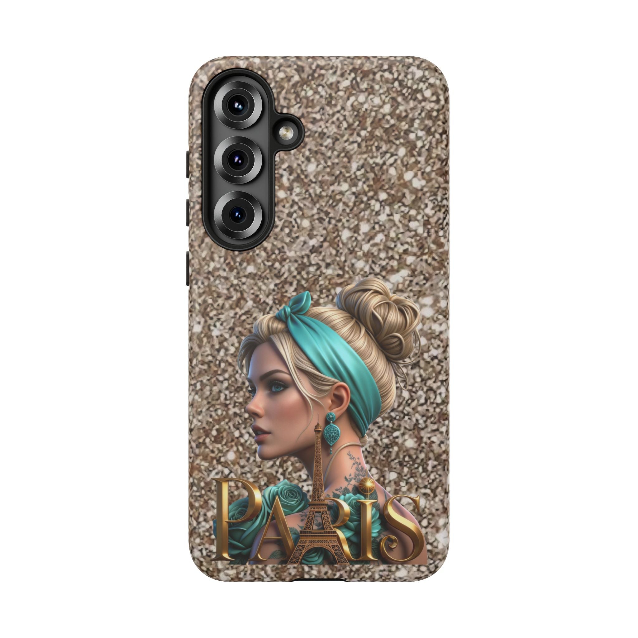 Parisian Glam Phone Case — Retro Pin-Up Girl with Teal Headscarf on Glitter Background Printify