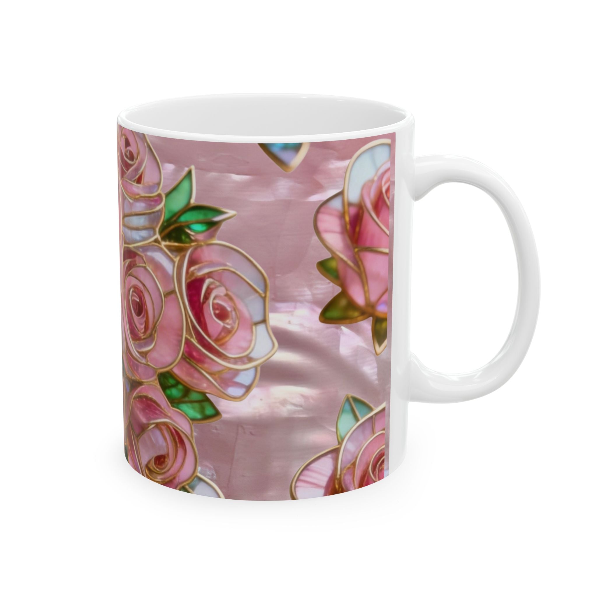 Pink Rose Pattern Ceramic Mug – Floral Vintage Stained-Glass Design (11oz & 15oz) Printify