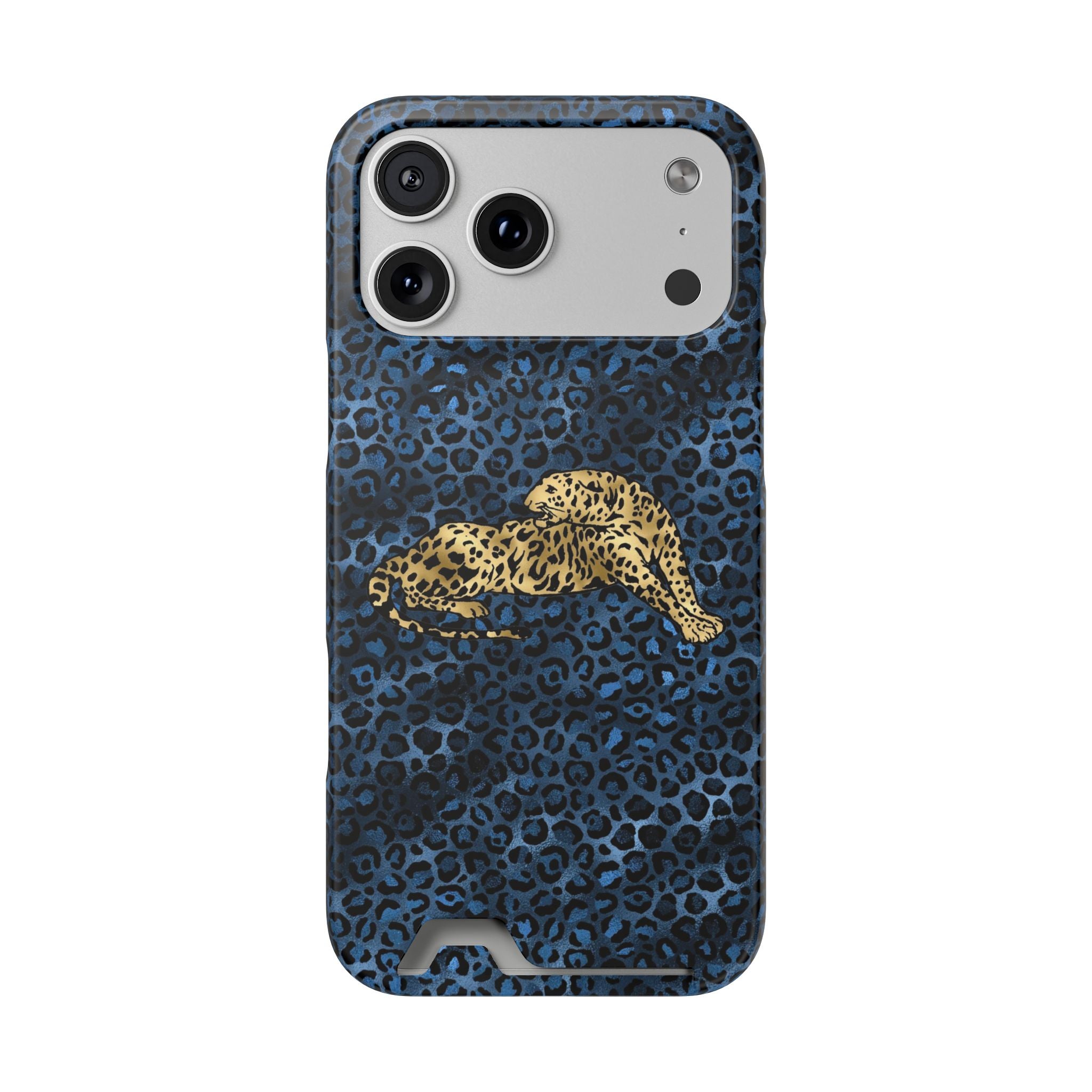 Blue Leopard Phone Case with Card Holder — Gold Cheetah Accent Printify