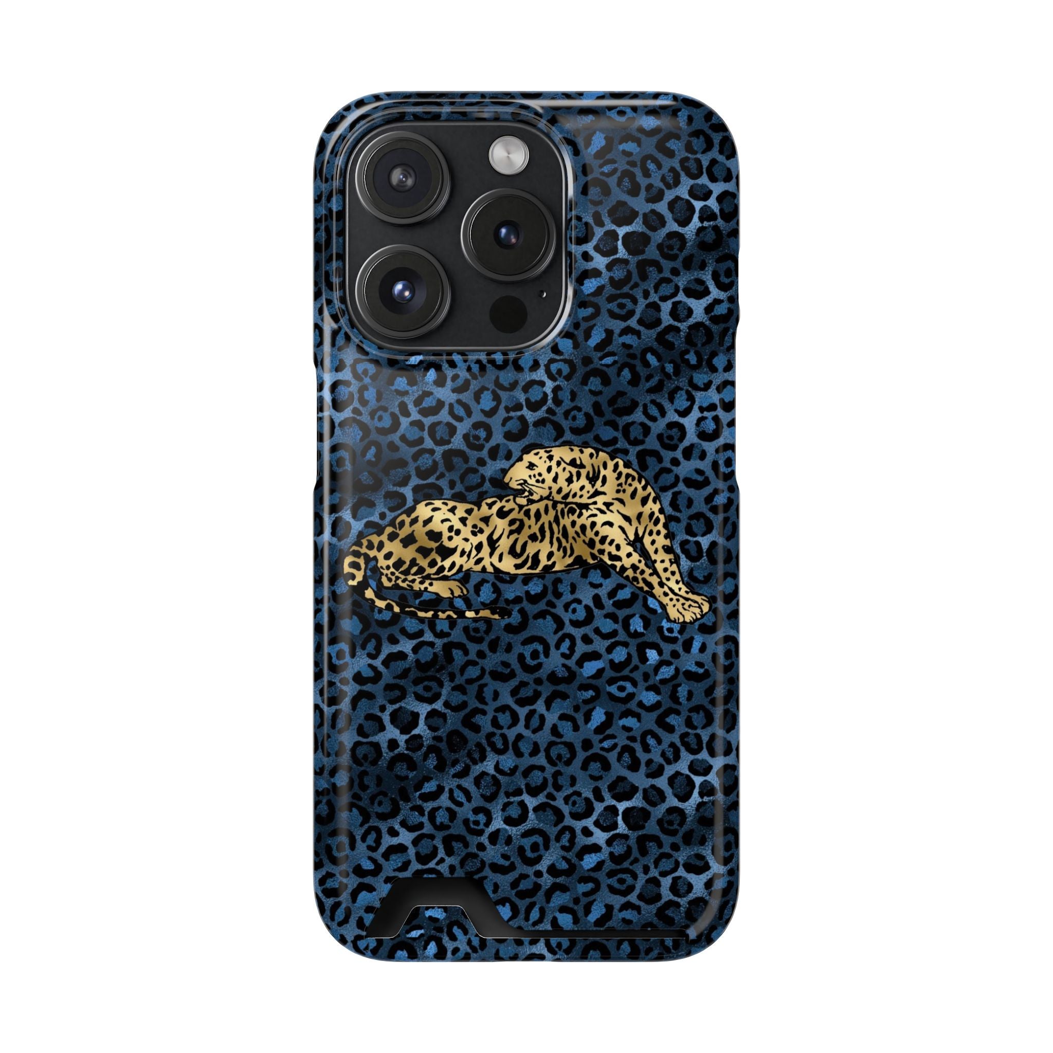 Blue Leopard Phone Case with Card Holder — Gold Cheetah Accent Printify