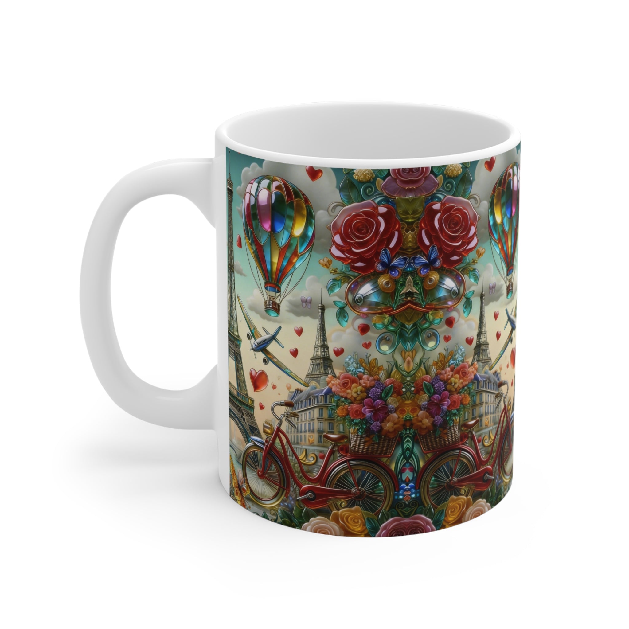 Paris Romance 11oz Ceramic Mug — Eiffel Tower, Hot Air Balloons & Love Hearts Printify