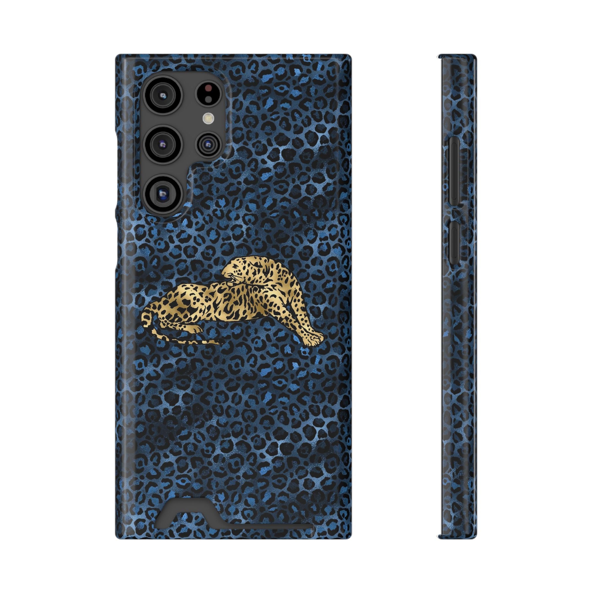 Blue Leopard Phone Case with Card Holder — Gold Cheetah Accent Printify