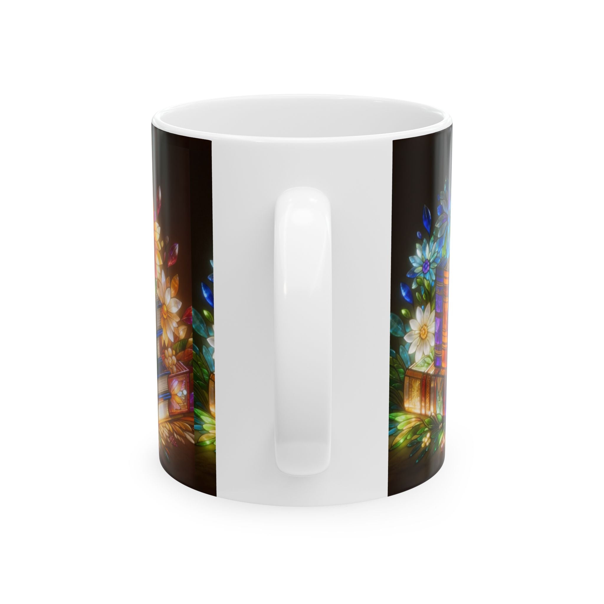 Color Glas Ceramic Mug — Stained Glass Books & Flowers Floral Reading Mug (11oz/15oz) Printify