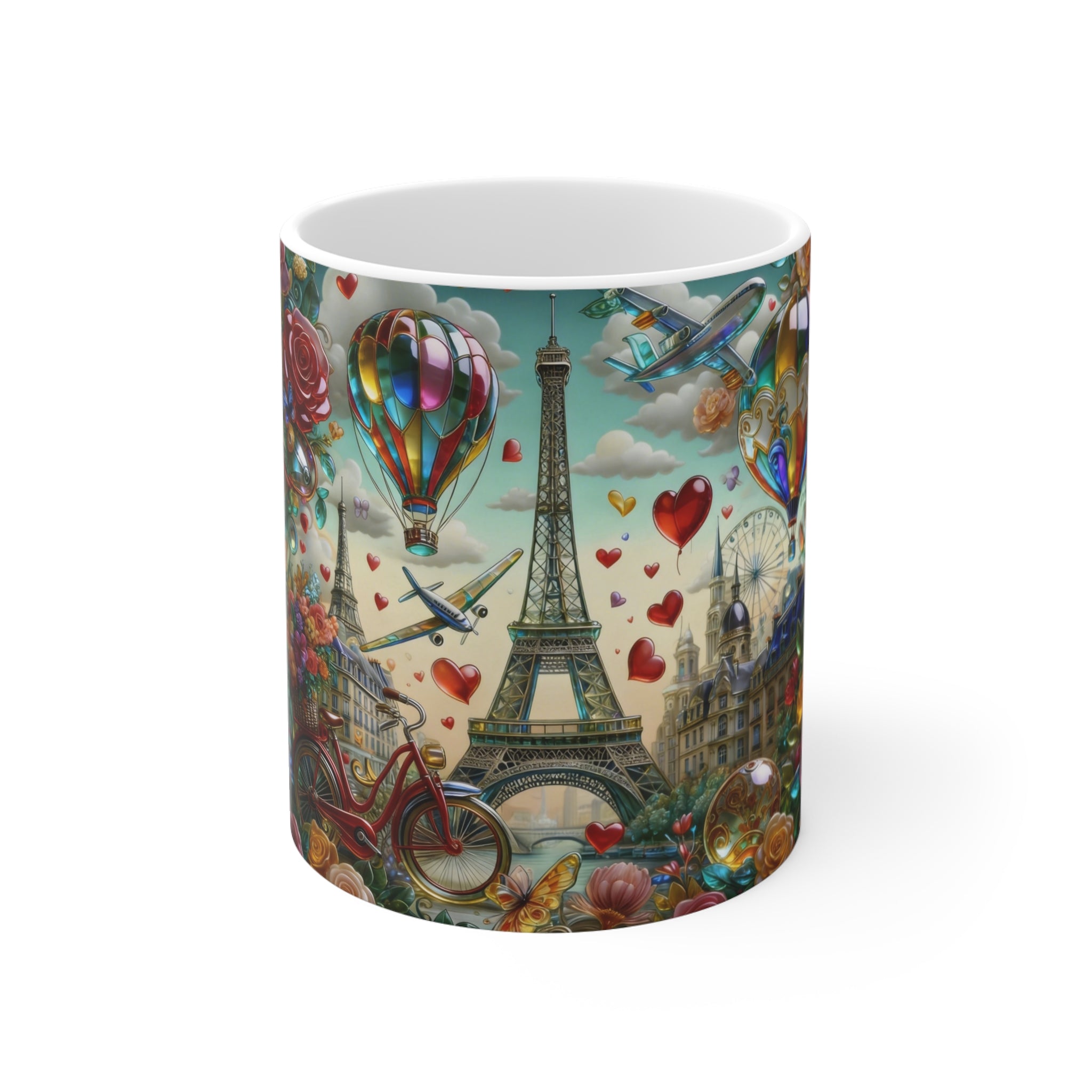 Paris Romance 11oz Ceramic Mug — Eiffel Tower, Hot Air Balloons & Love Hearts Printify