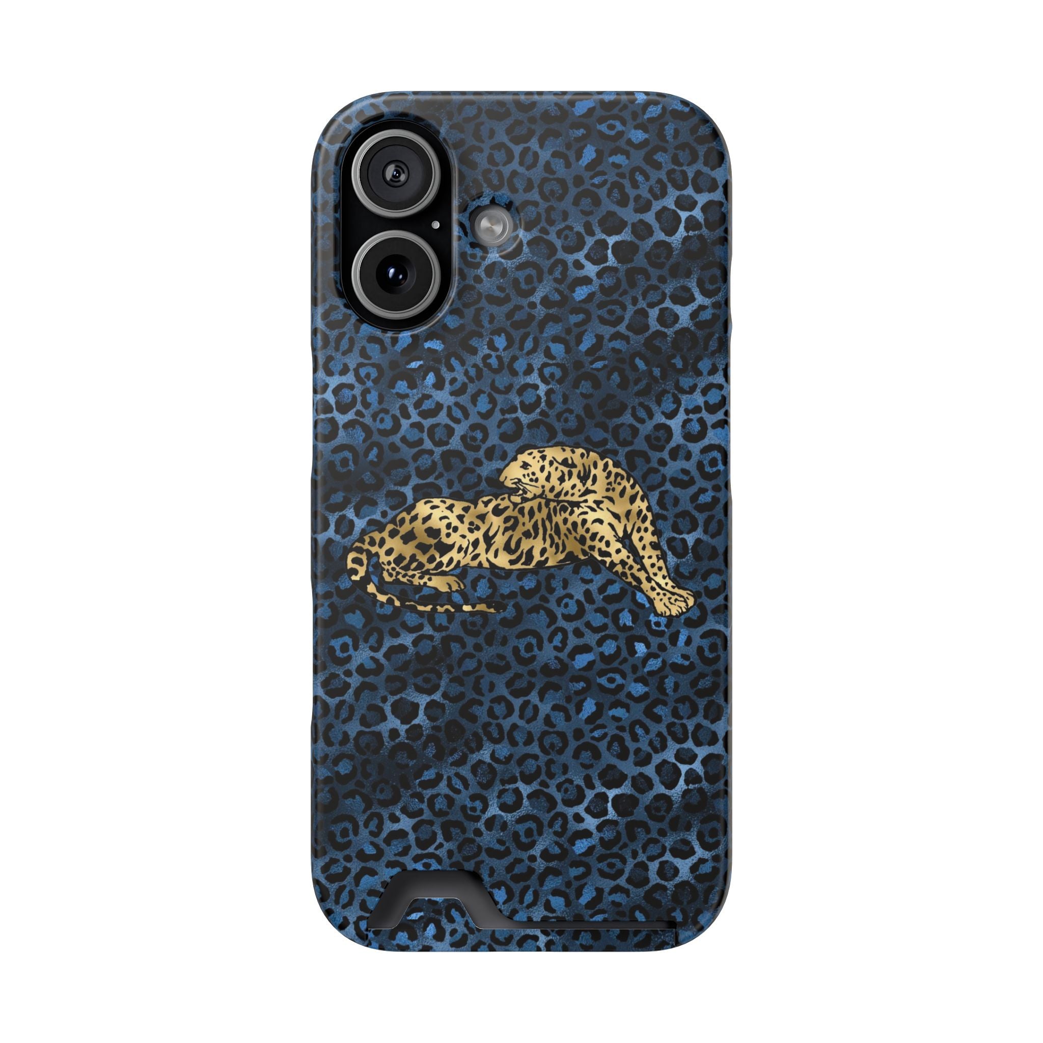Blue Leopard Phone Case with Card Holder — Gold Cheetah Accent Printify