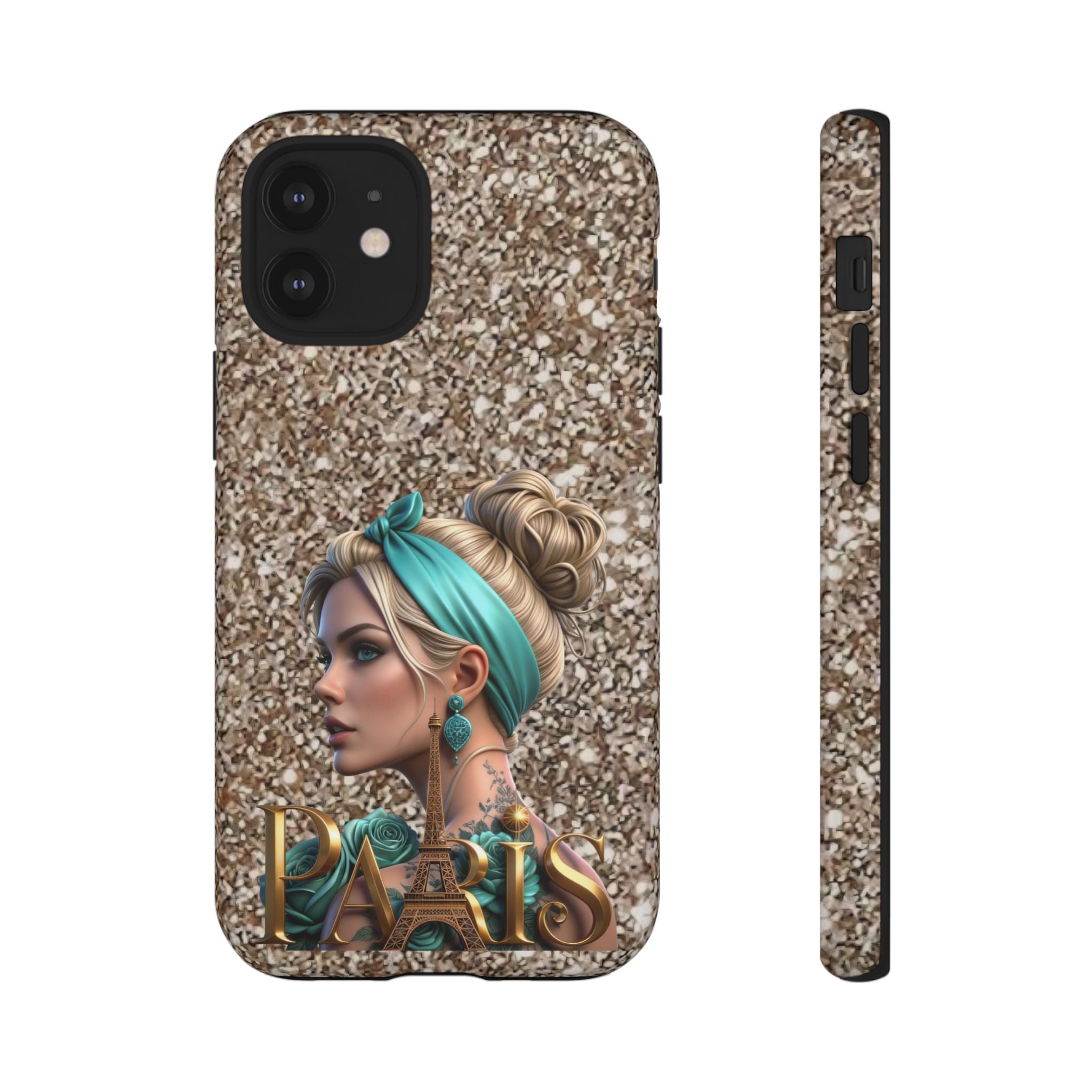 Parisian Glam Phone Case — Retro Pin-Up Girl with Teal Headscarf on Glitter Background Printify