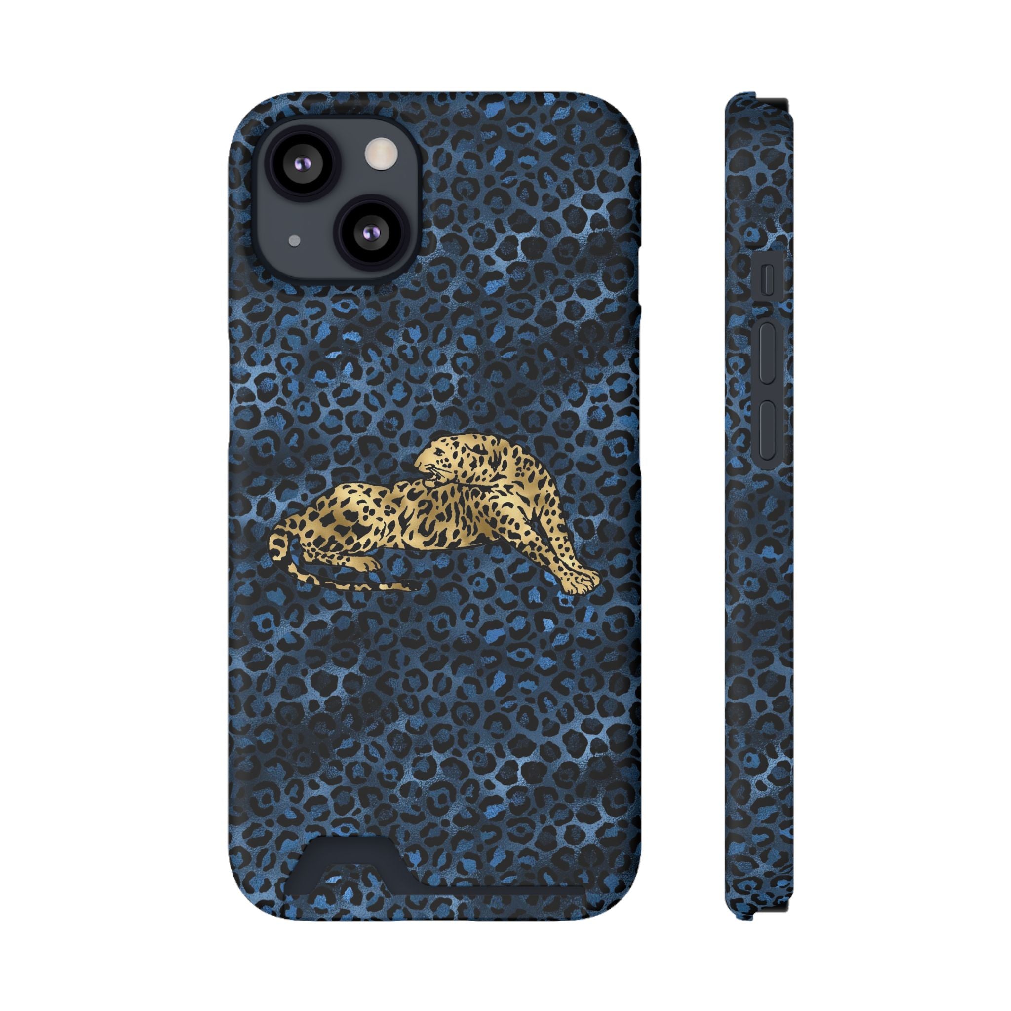 Blue Leopard Phone Case with Card Holder — Gold Cheetah Accent Printify
