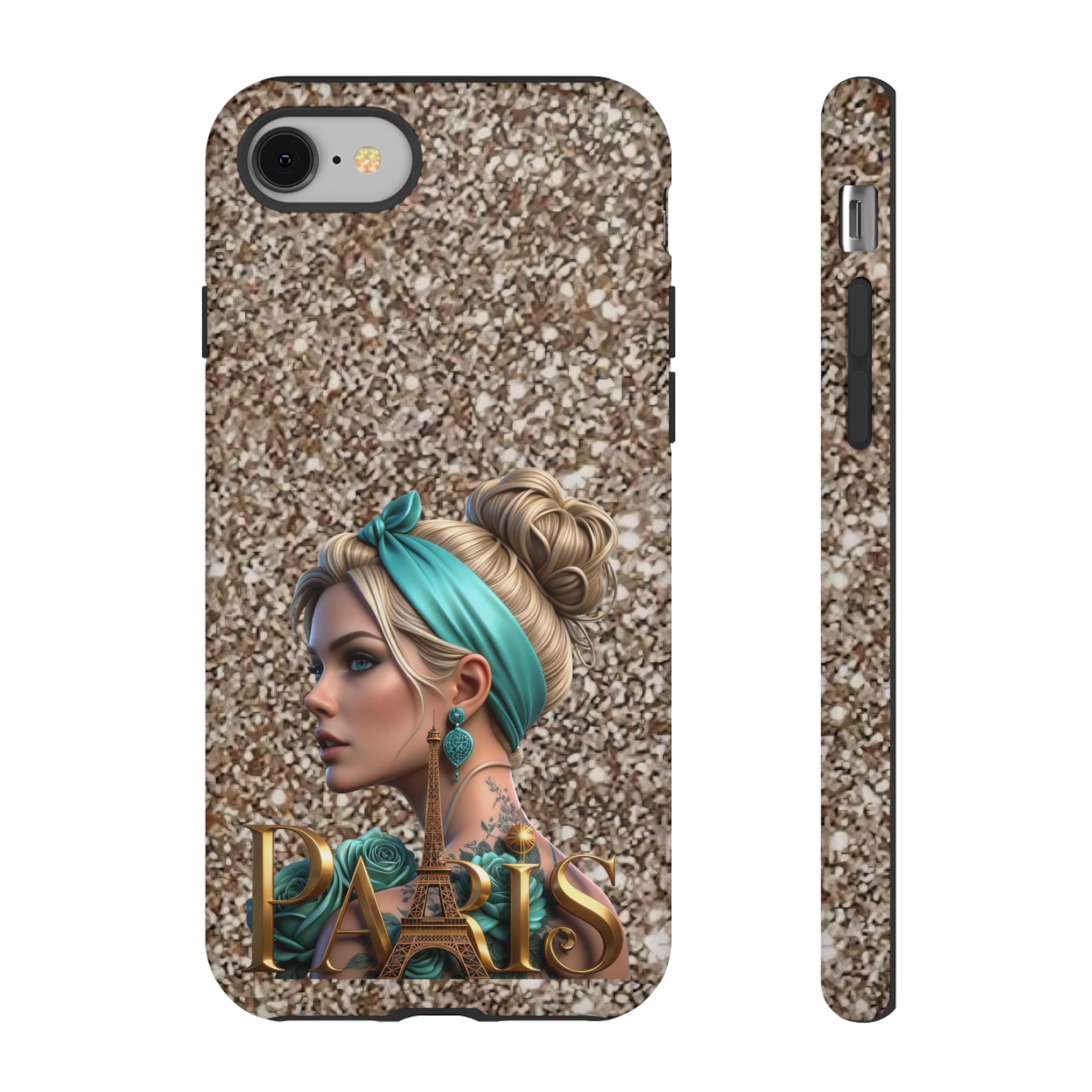 Parisian Glam Phone Case — Retro Pin-Up Girl with Teal Headscarf on Glitter Background Printify