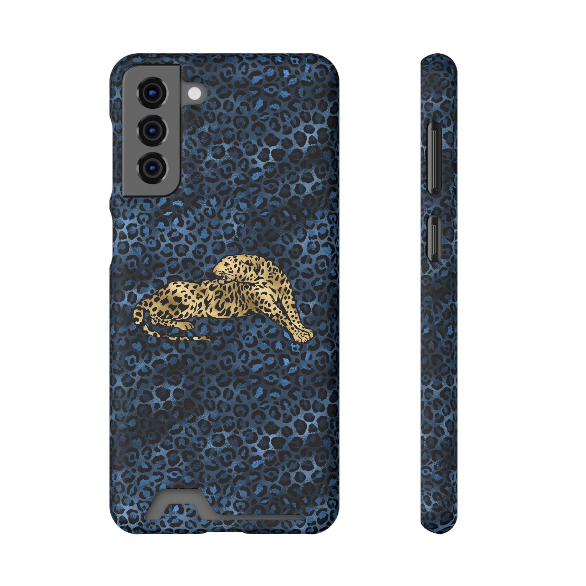 Blue Leopard Phone Case with Card Holder — Gold Cheetah Accent Printify
