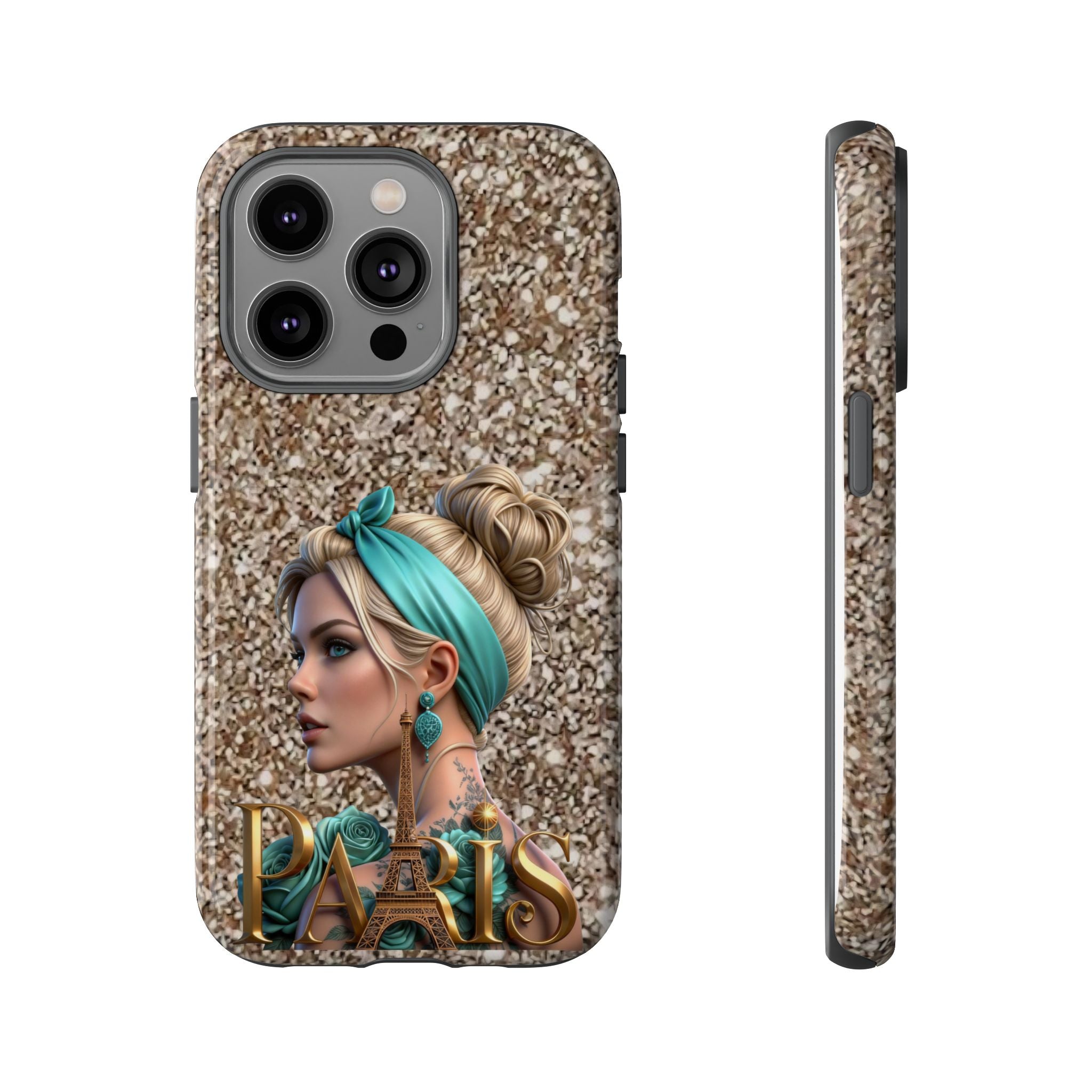 Parisian Glam Phone Case — Retro Pin-Up Girl with Teal Headscarf on Glitter Background Printify