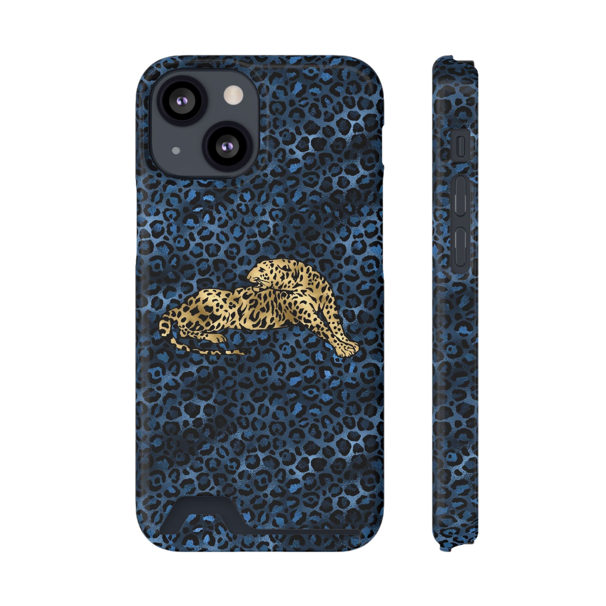 Blue Leopard Phone Case with Card Holder — Gold Cheetah Accent Printify