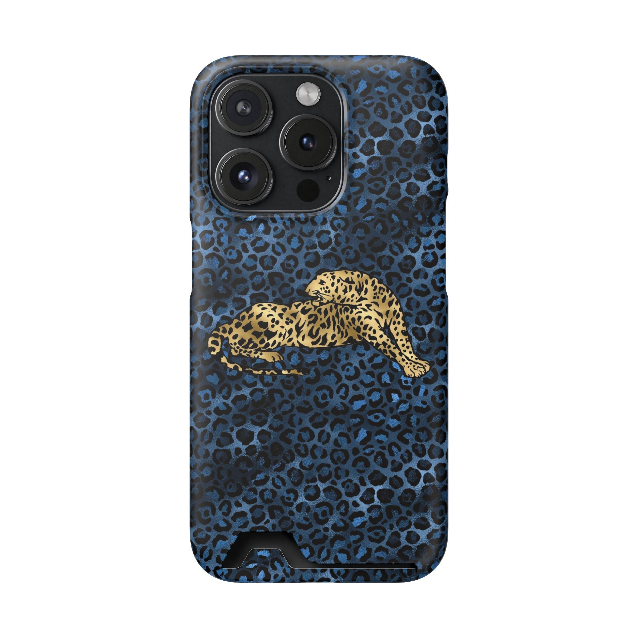 Blue Leopard Phone Case with Card Holder — Gold Cheetah Accent Printify