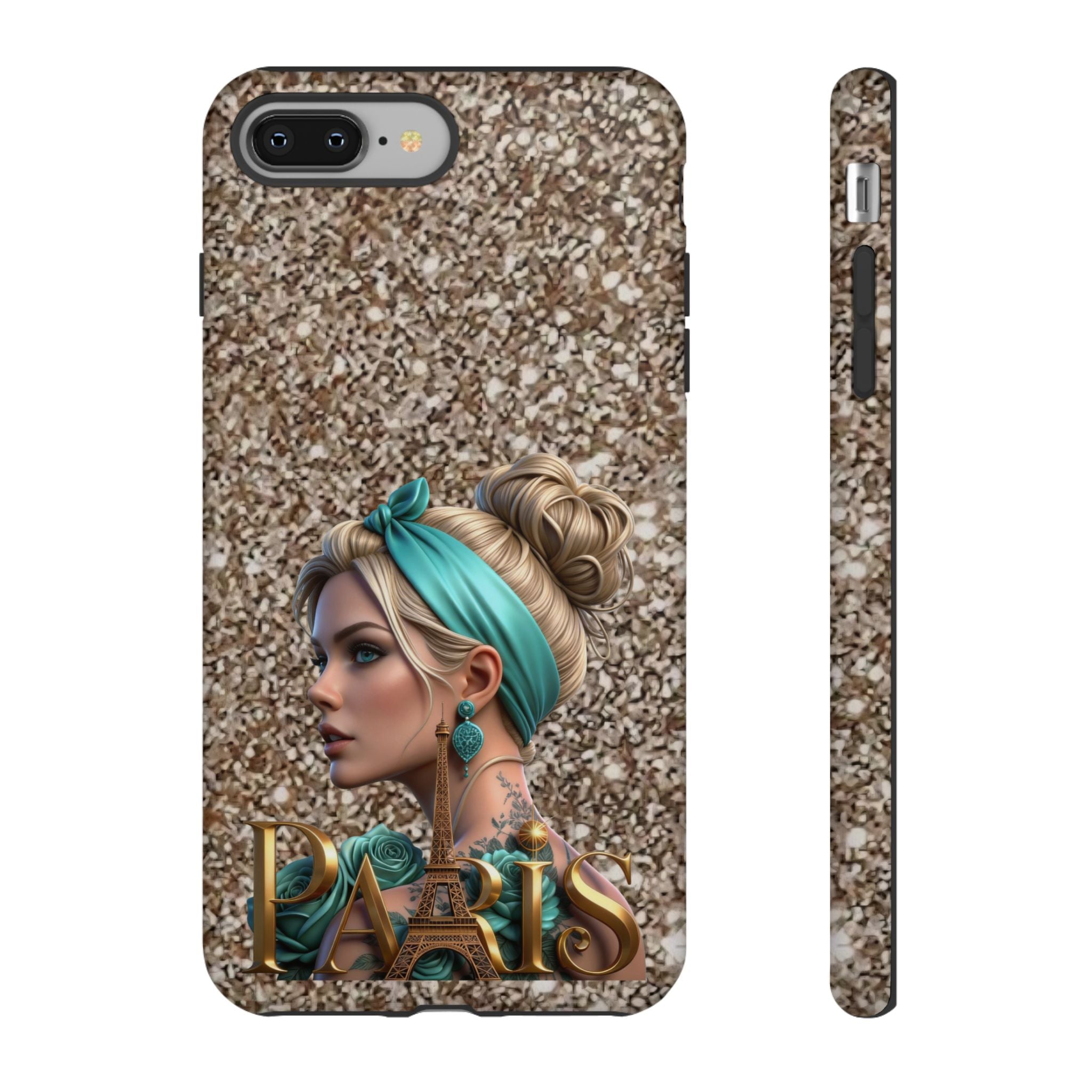 Parisian Glam Phone Case — Retro Pin-Up Girl with Teal Headscarf on Glitter Background Printify