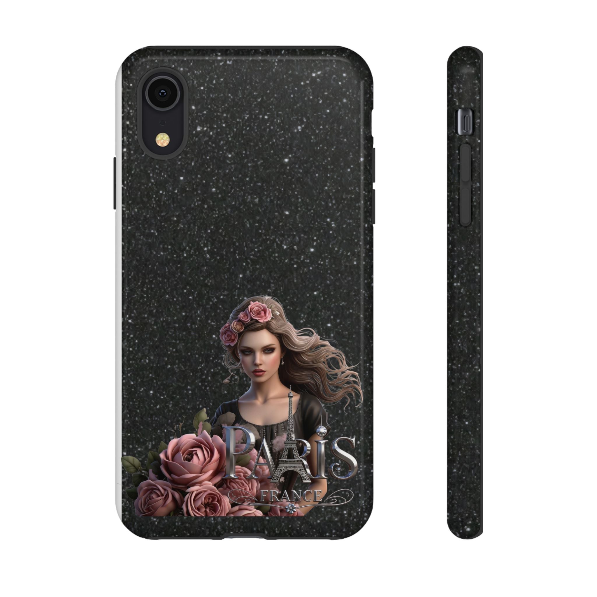 Floral Gothic Phone Case — Rose Crowned Woman on Sparkle Black Printify