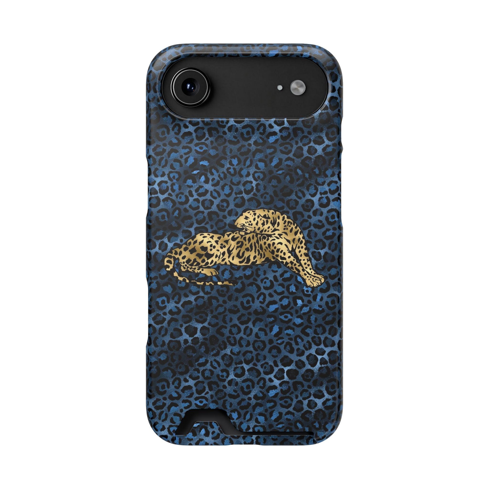 Blue Leopard Phone Case with Card Holder — Gold Cheetah Accent Printify