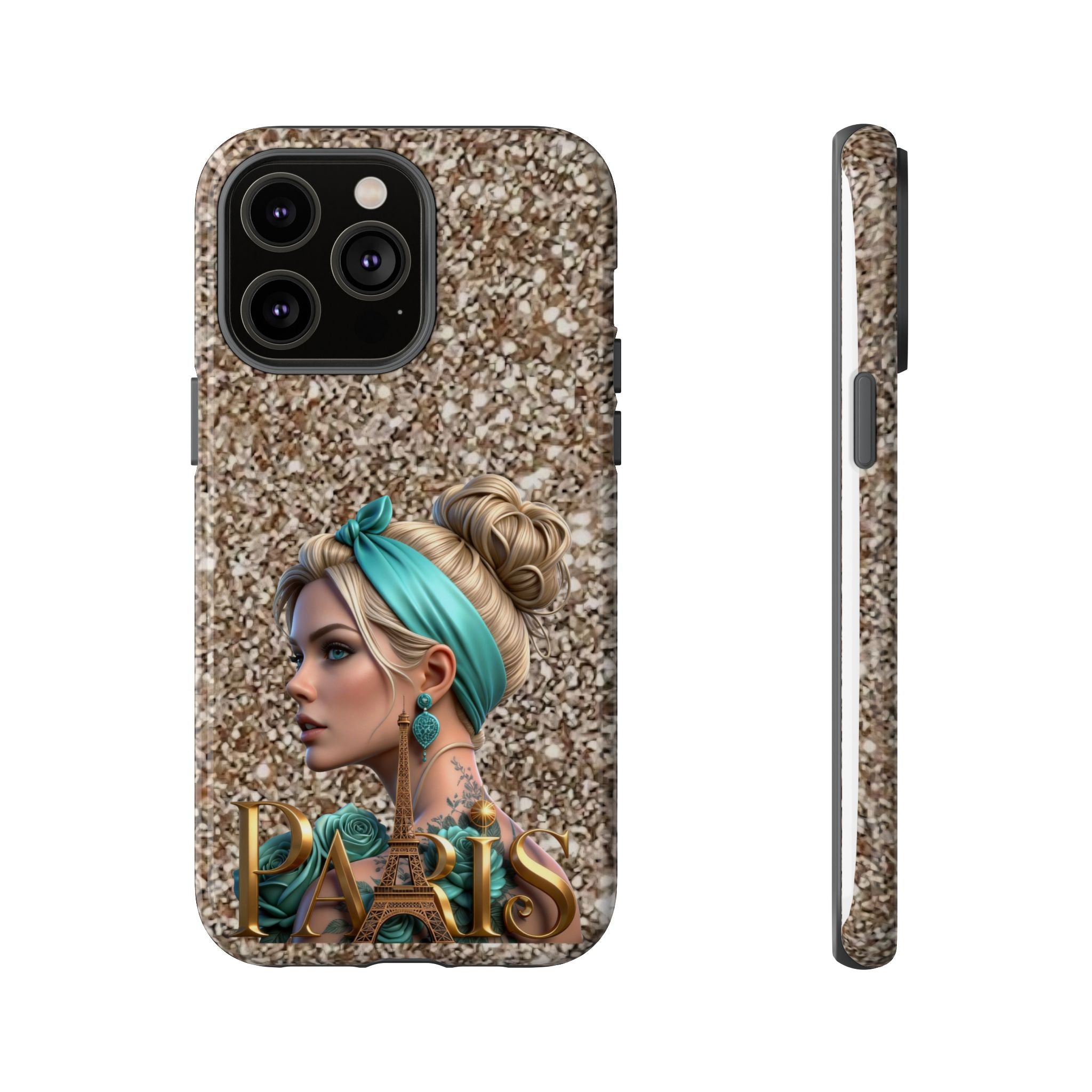 Parisian Glam Phone Case — Retro Pin-Up Girl with Teal Headscarf on Glitter Background Printify