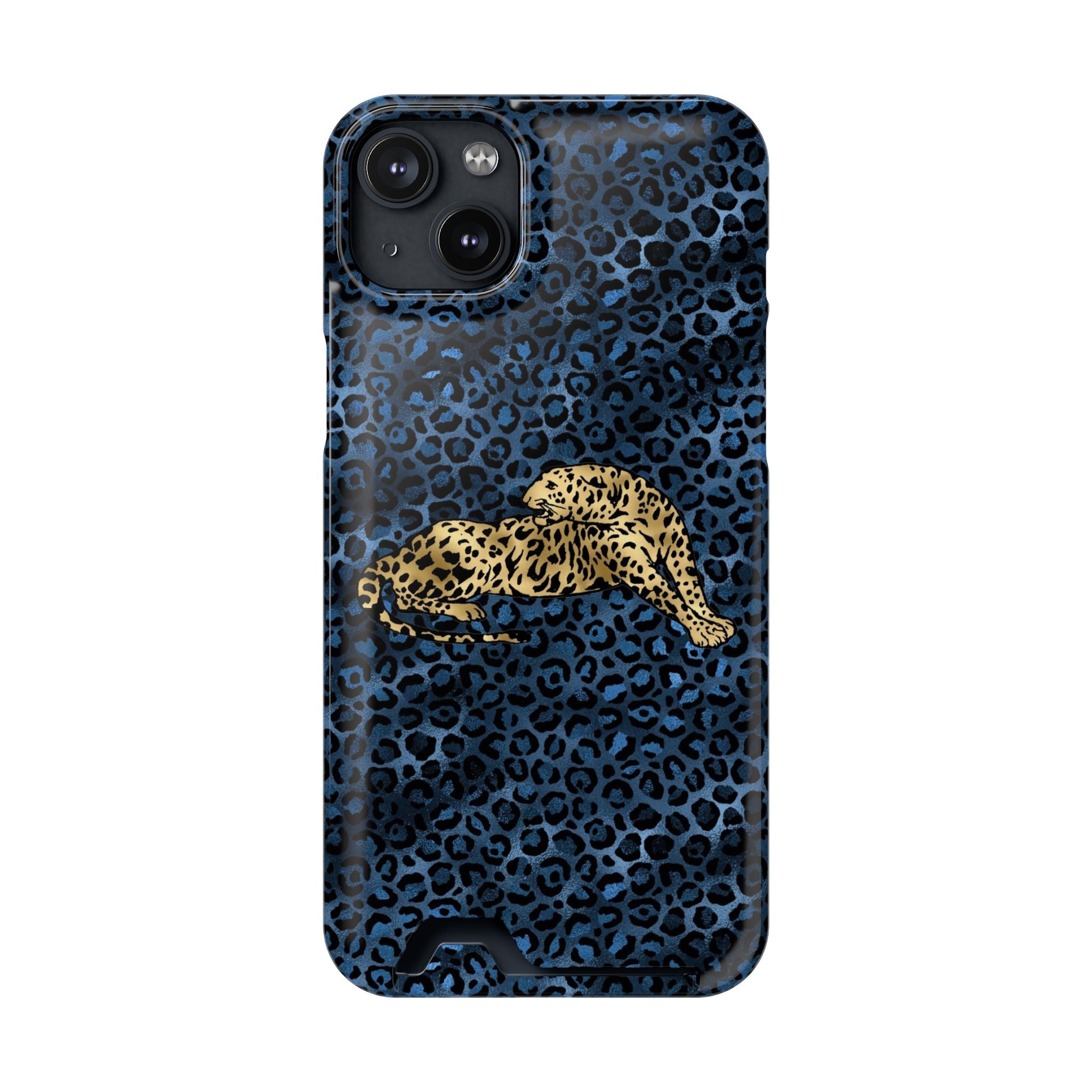 Blue Leopard Phone Case with Card Holder — Gold Cheetah Accent Printify