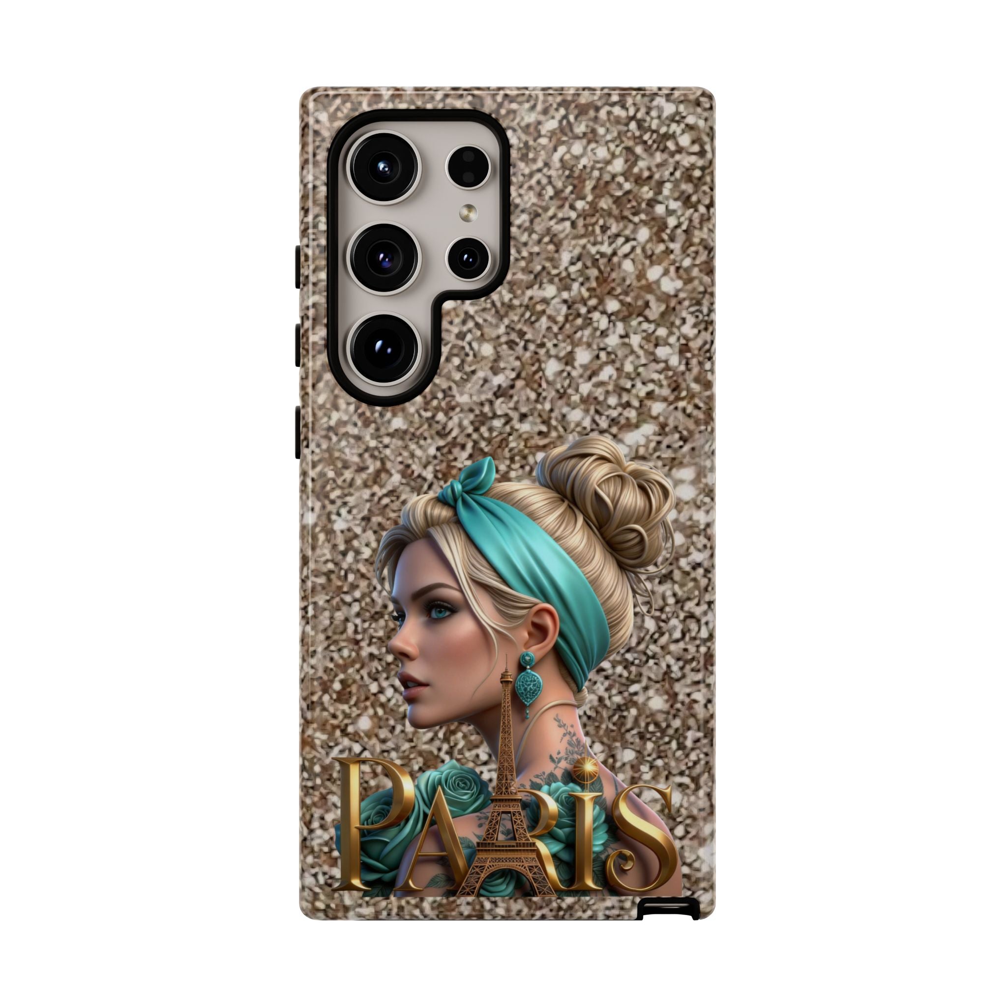 Parisian Glam Phone Case — Retro Pin-Up Girl with Teal Headscarf on Glitter Background Printify