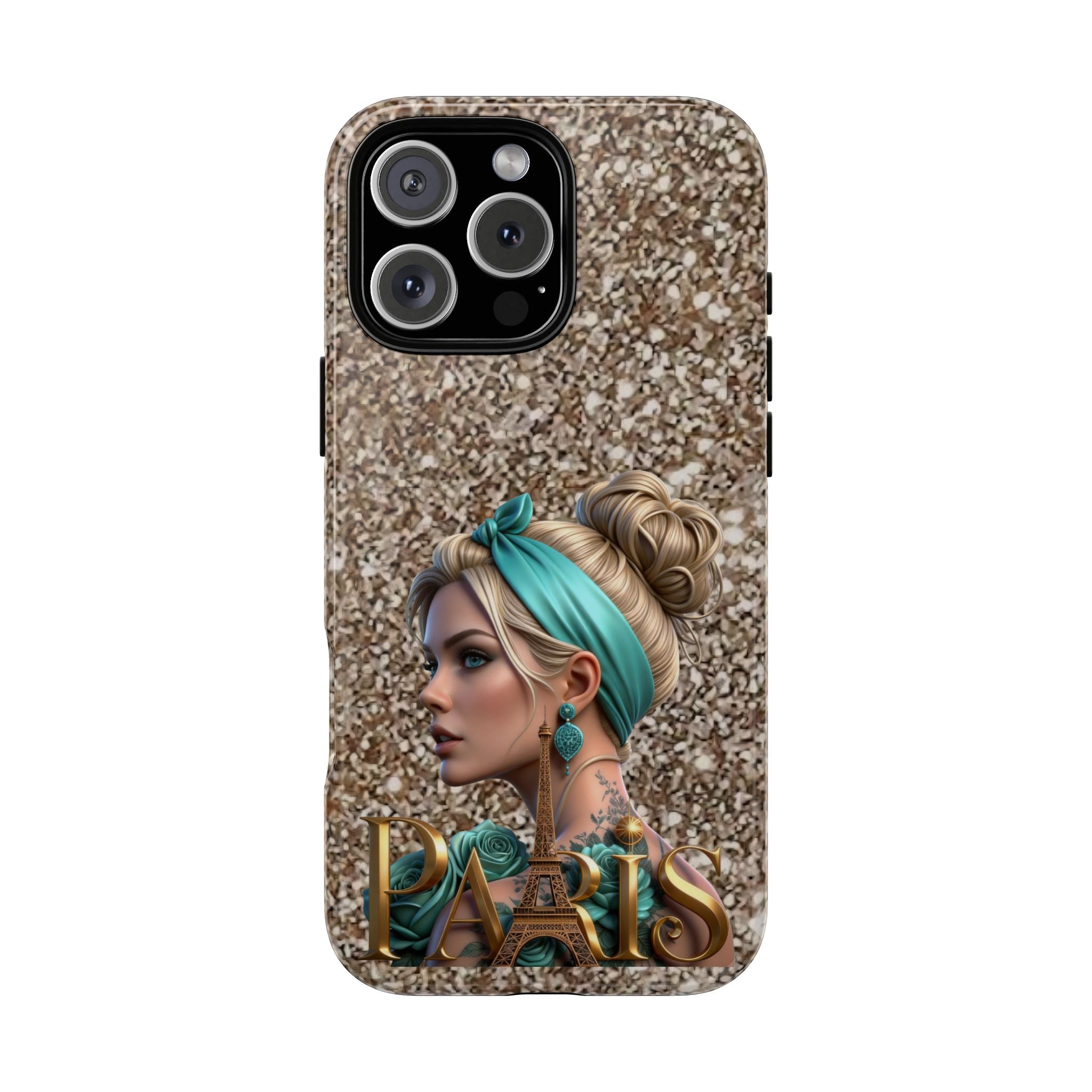 Parisian Glam Phone Case — Retro Pin-Up Girl with Teal Headscarf on Glitter Background Printify
