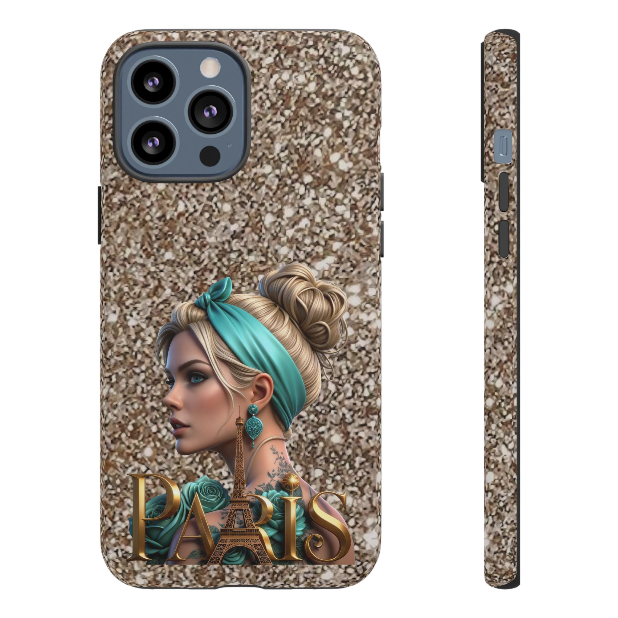 Parisian Glam Phone Case — Retro Pin-Up Girl with Teal Headscarf on Glitter Background Printify