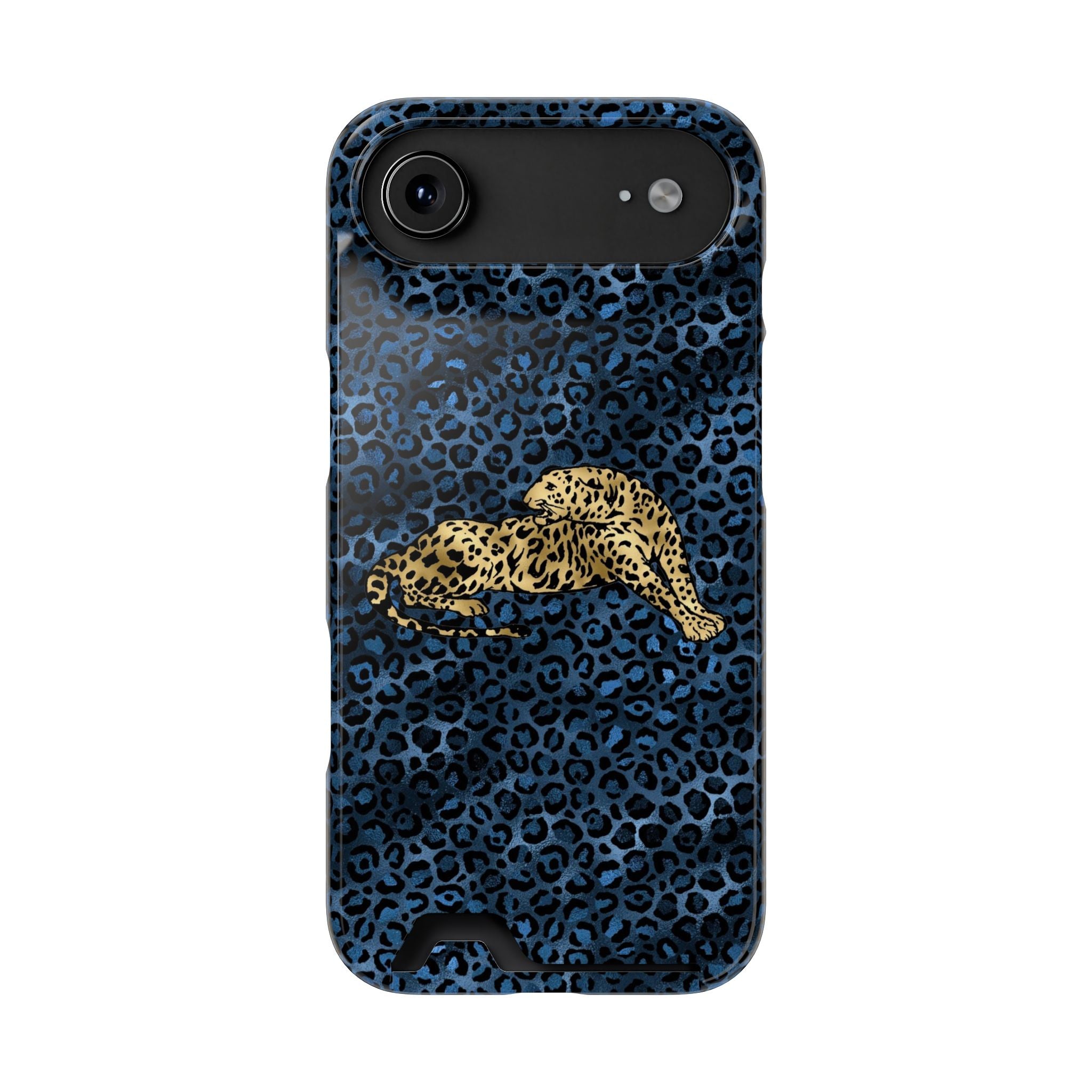 Blue Leopard Phone Case with Card Holder — Gold Cheetah Accent Printify