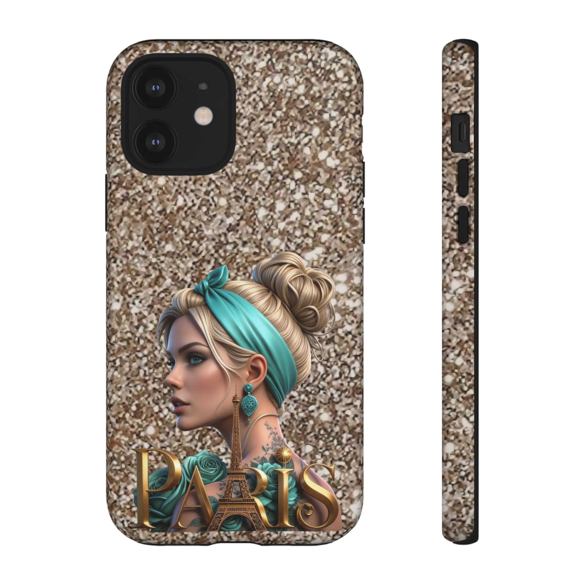 Parisian Glam Phone Case — Retro Pin-Up Girl with Teal Headscarf on Glitter Background Printify