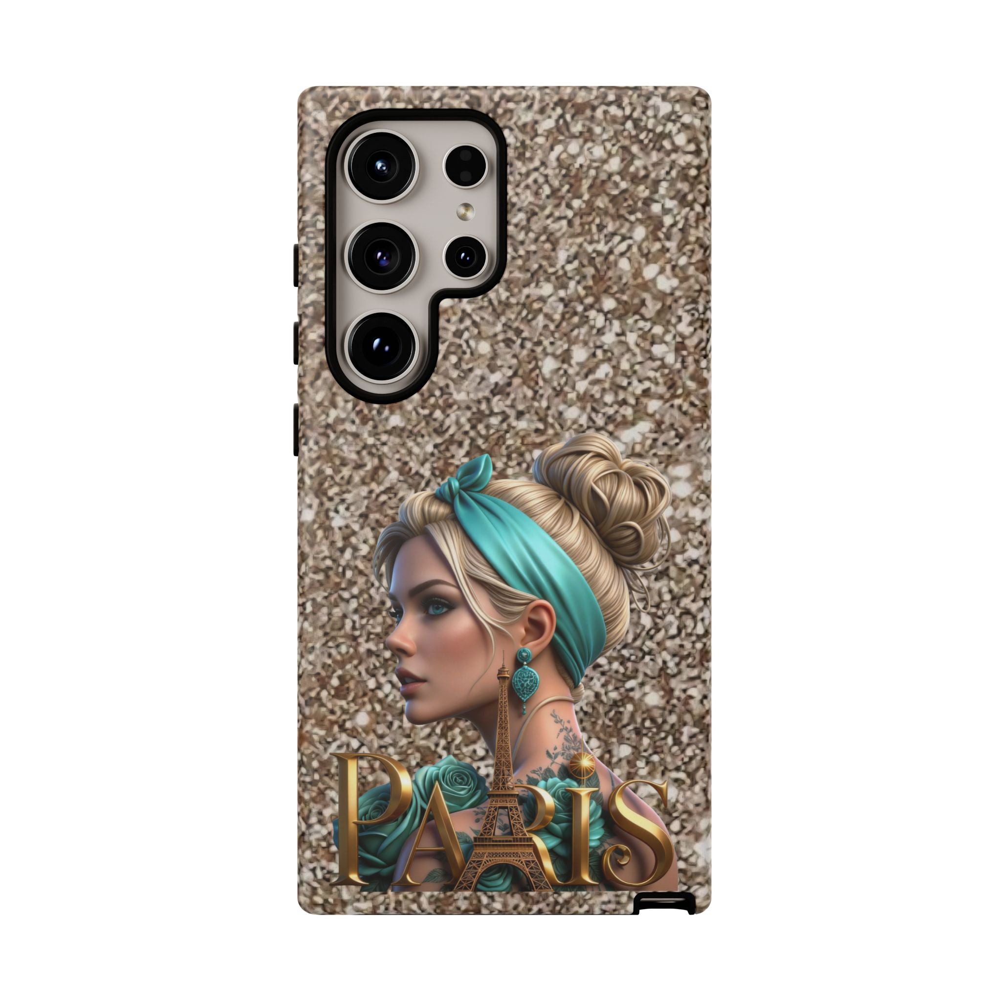 Parisian Glam Phone Case — Retro Pin-Up Girl with Teal Headscarf on Glitter Background Printify