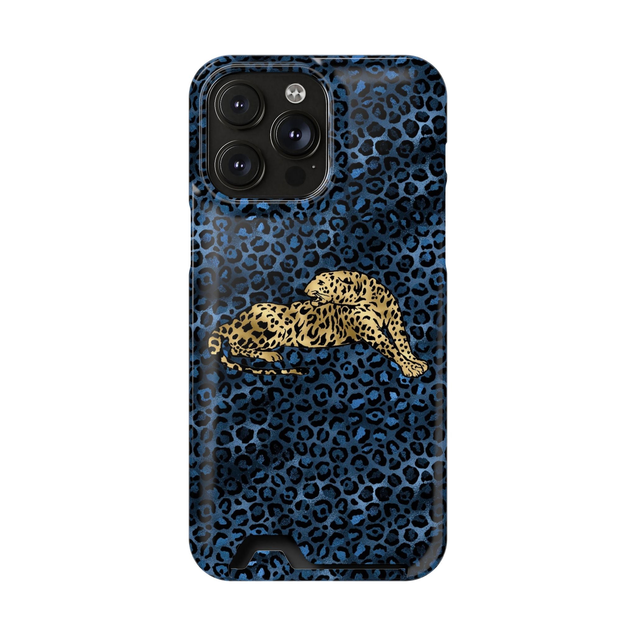 Blue Leopard Phone Case with Card Holder — Gold Cheetah Accent Printify