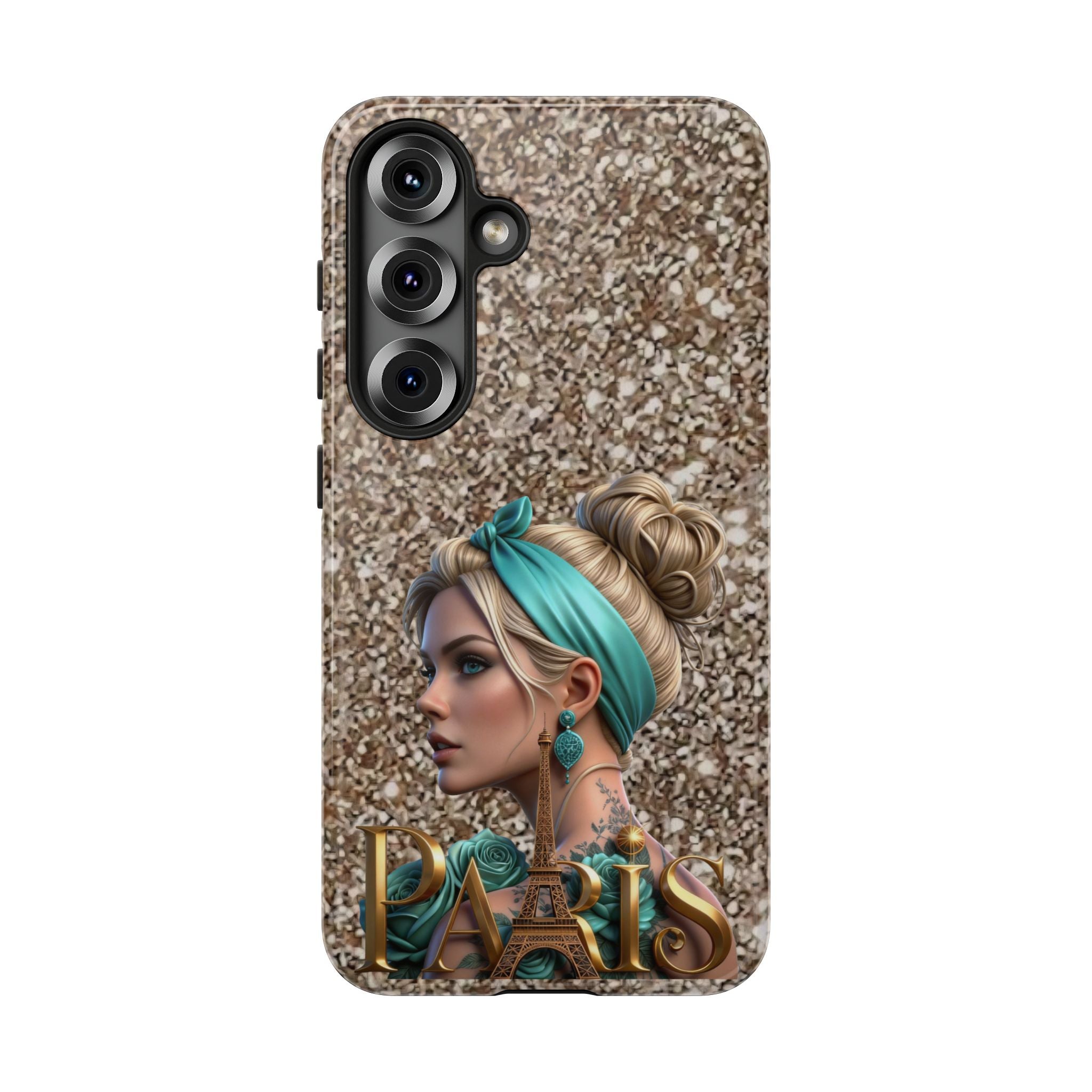 Parisian Glam Phone Case — Retro Pin-Up Girl with Teal Headscarf on Glitter Background Printify