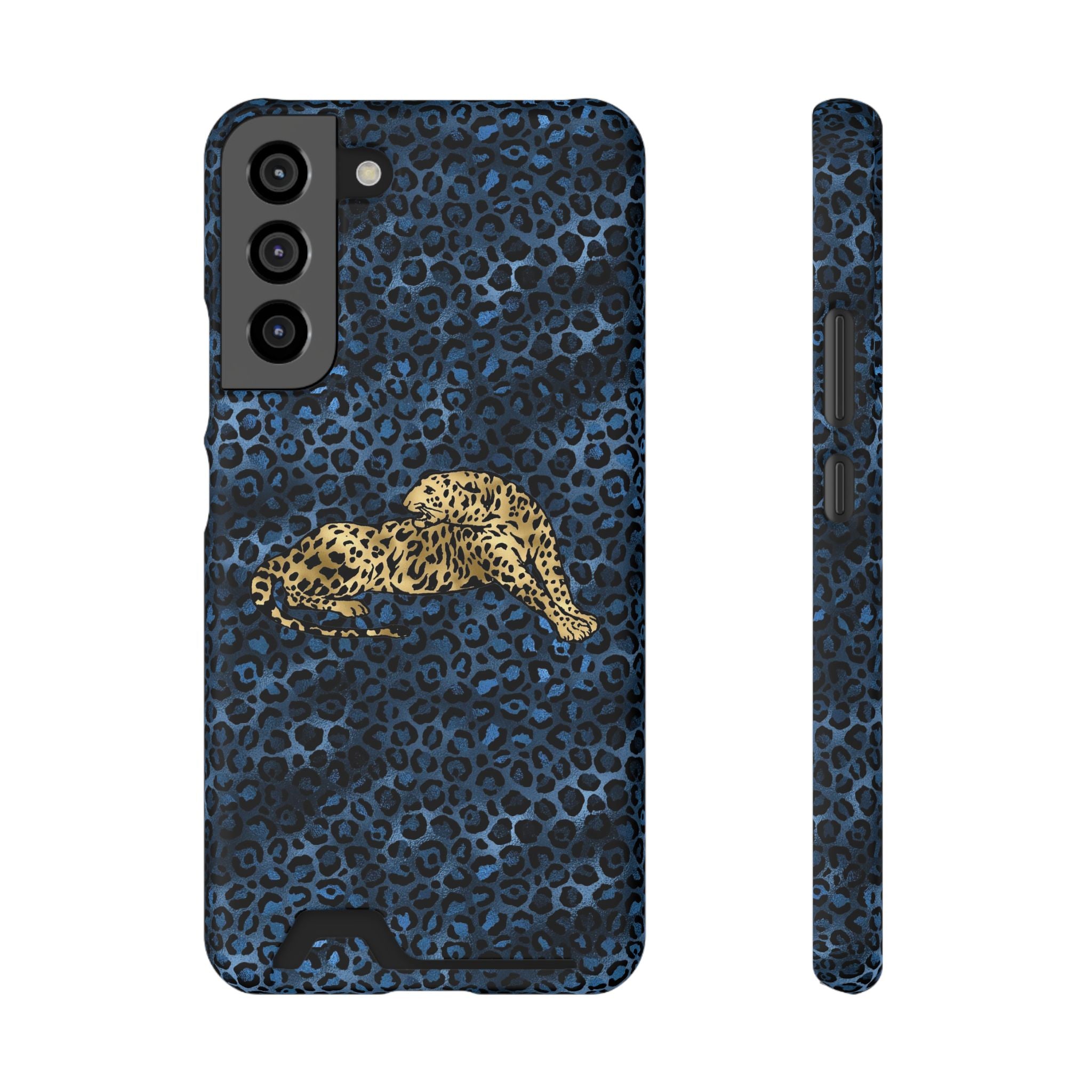 Blue Leopard Phone Case with Card Holder — Gold Cheetah Accent Printify