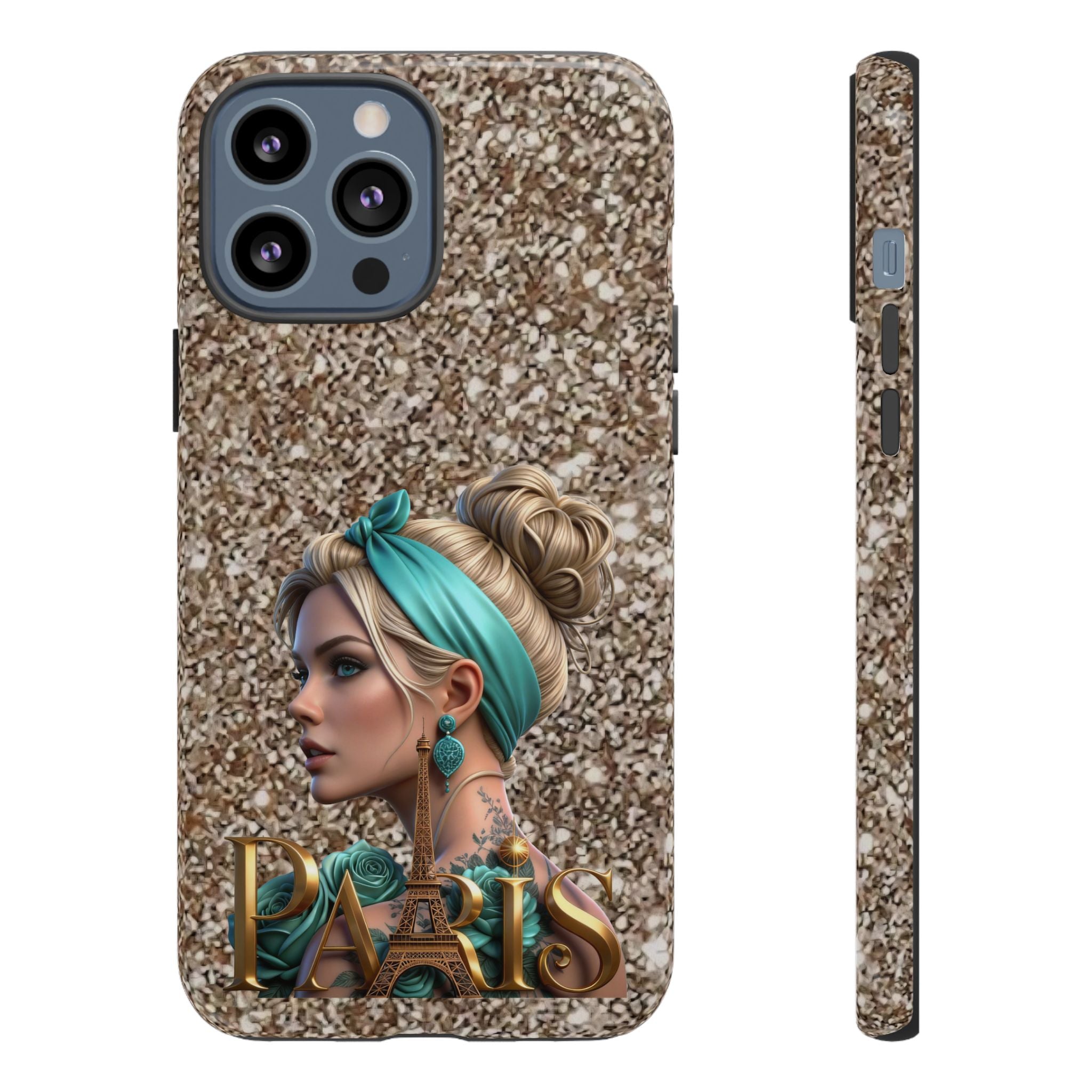 Parisian Glam Phone Case — Retro Pin-Up Girl with Teal Headscarf on Glitter Background Printify