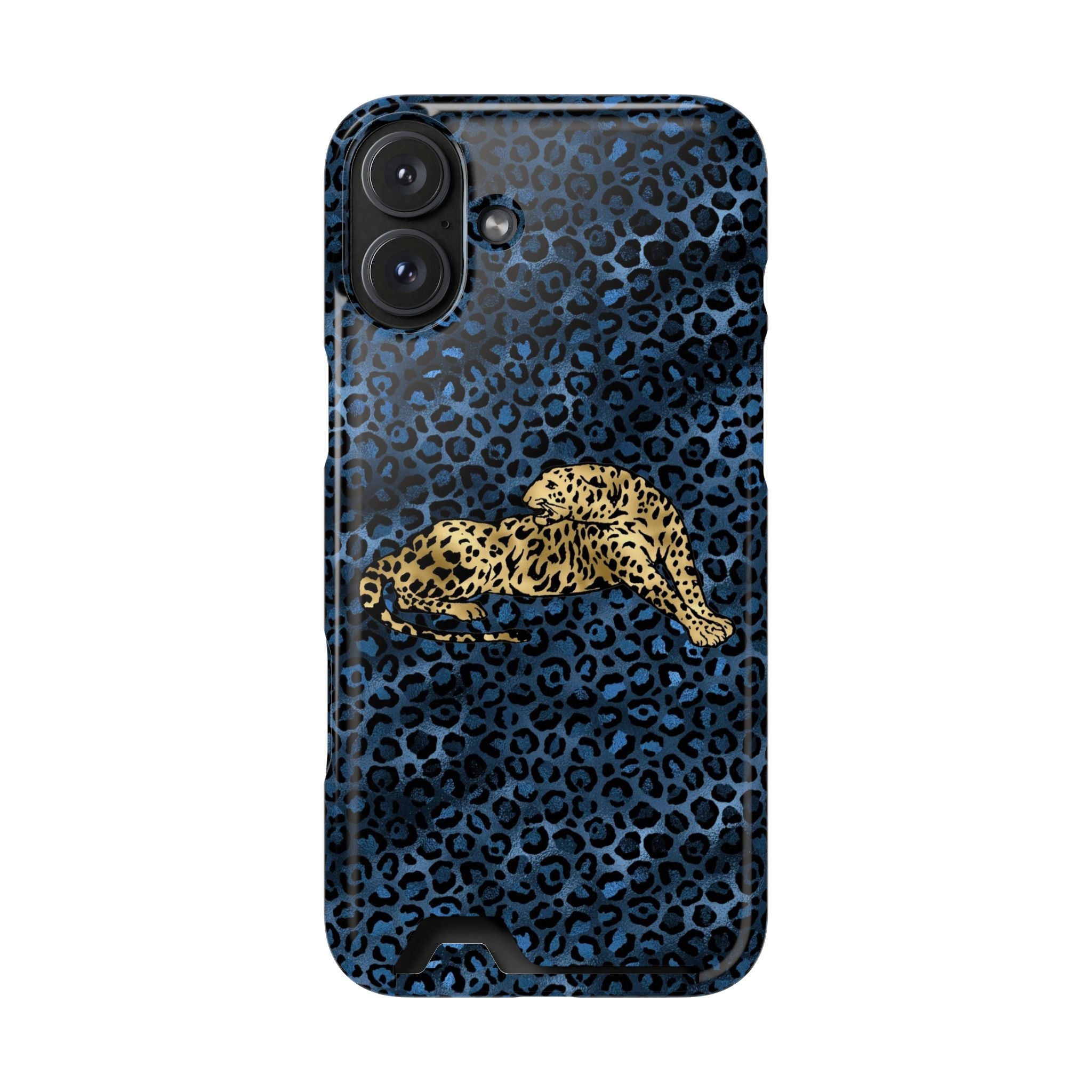 Blue Leopard Phone Case with Card Holder — Gold Cheetah Accent Printify