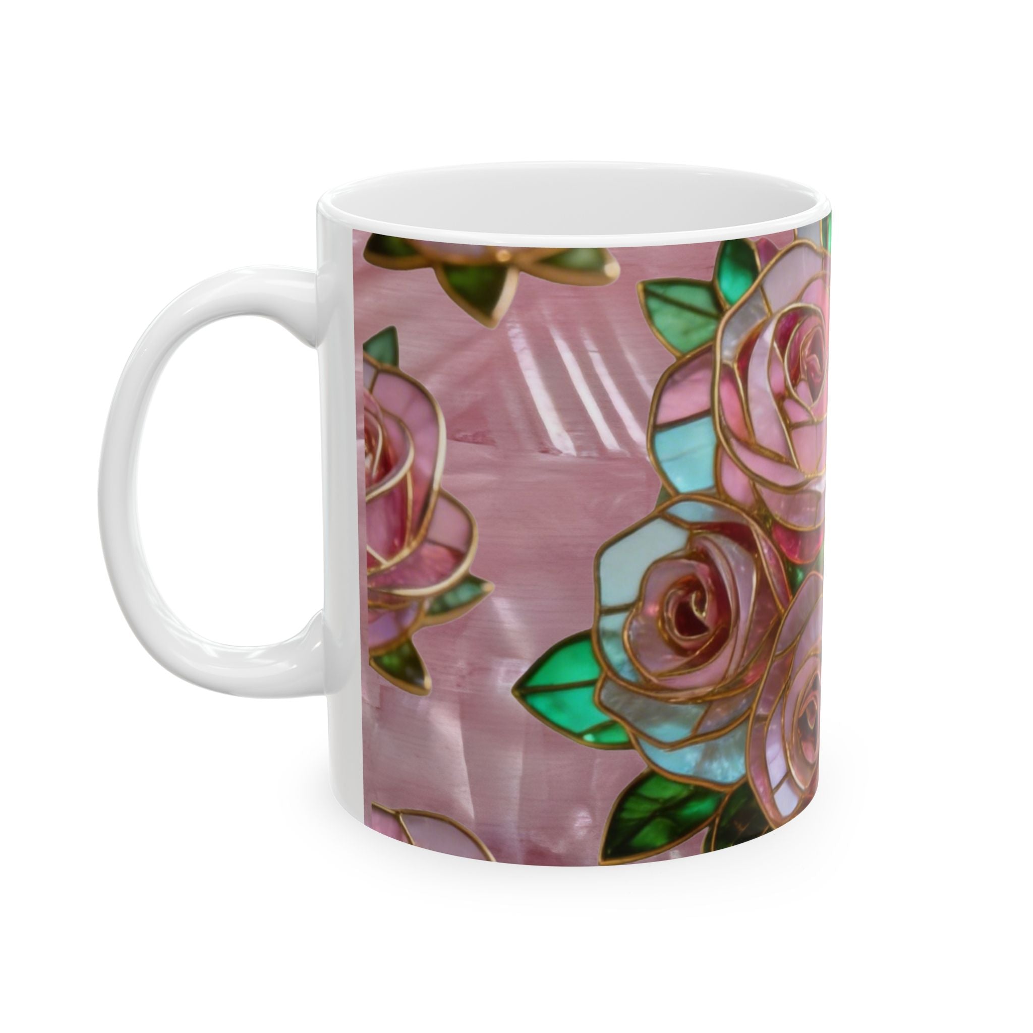 Pink Rose Pattern Ceramic Mug – Floral Vintage Stained-Glass Design (11oz & 15oz) Printify