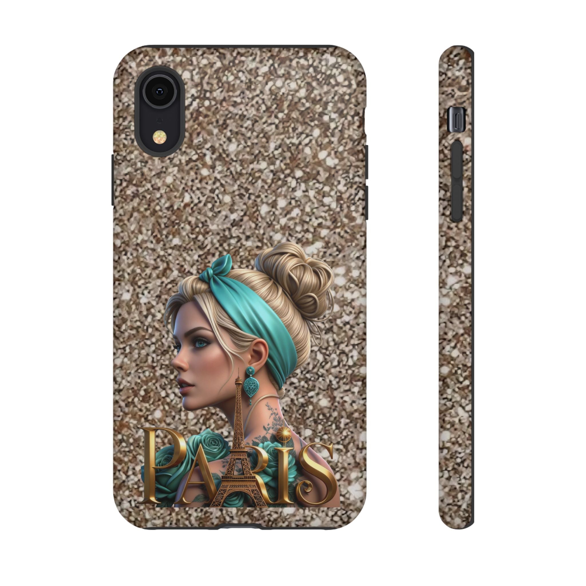 Parisian Glam Phone Case — Retro Pin-Up Girl with Teal Headscarf on Glitter Background Printify
