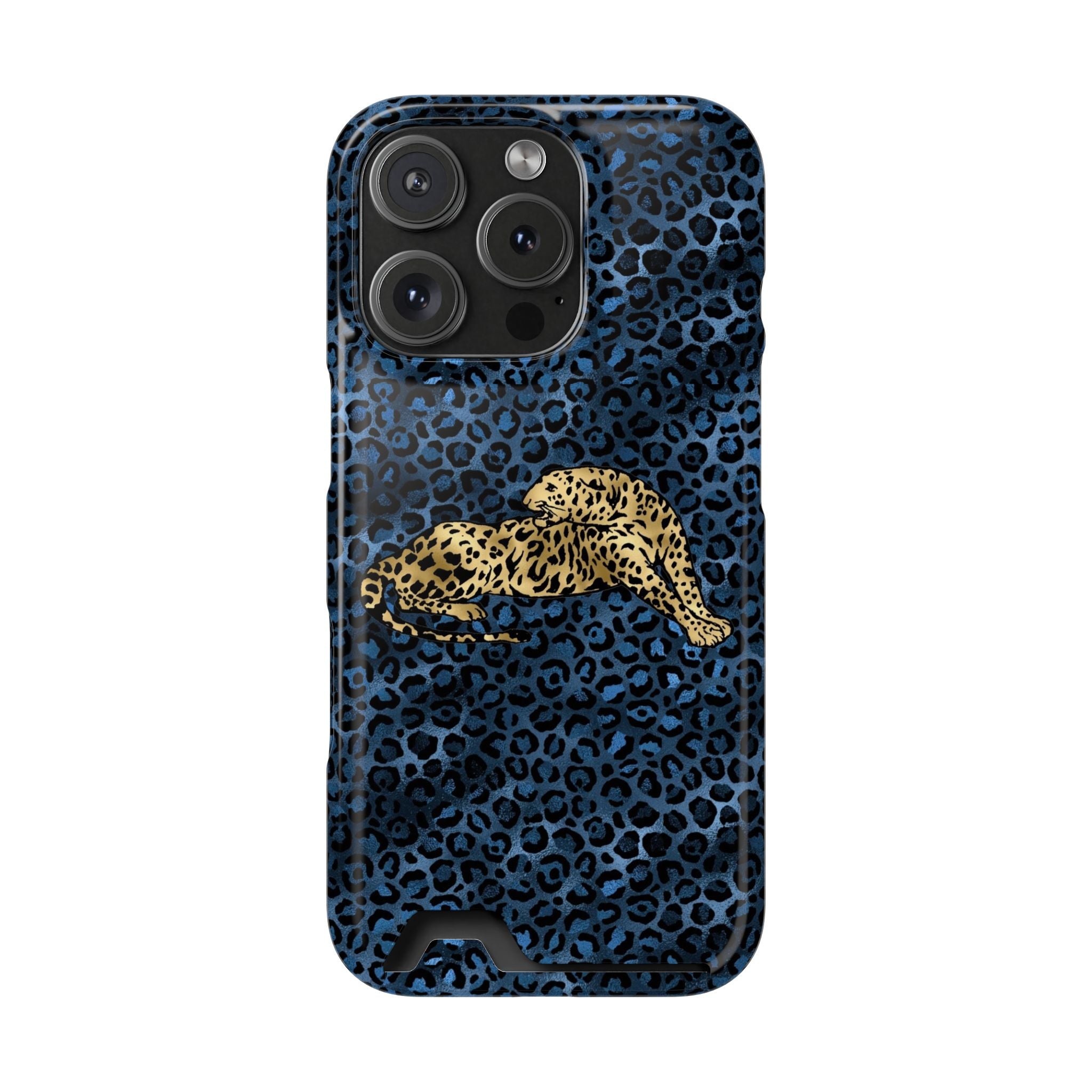 Blue Leopard Phone Case with Card Holder — Gold Cheetah Accent Printify