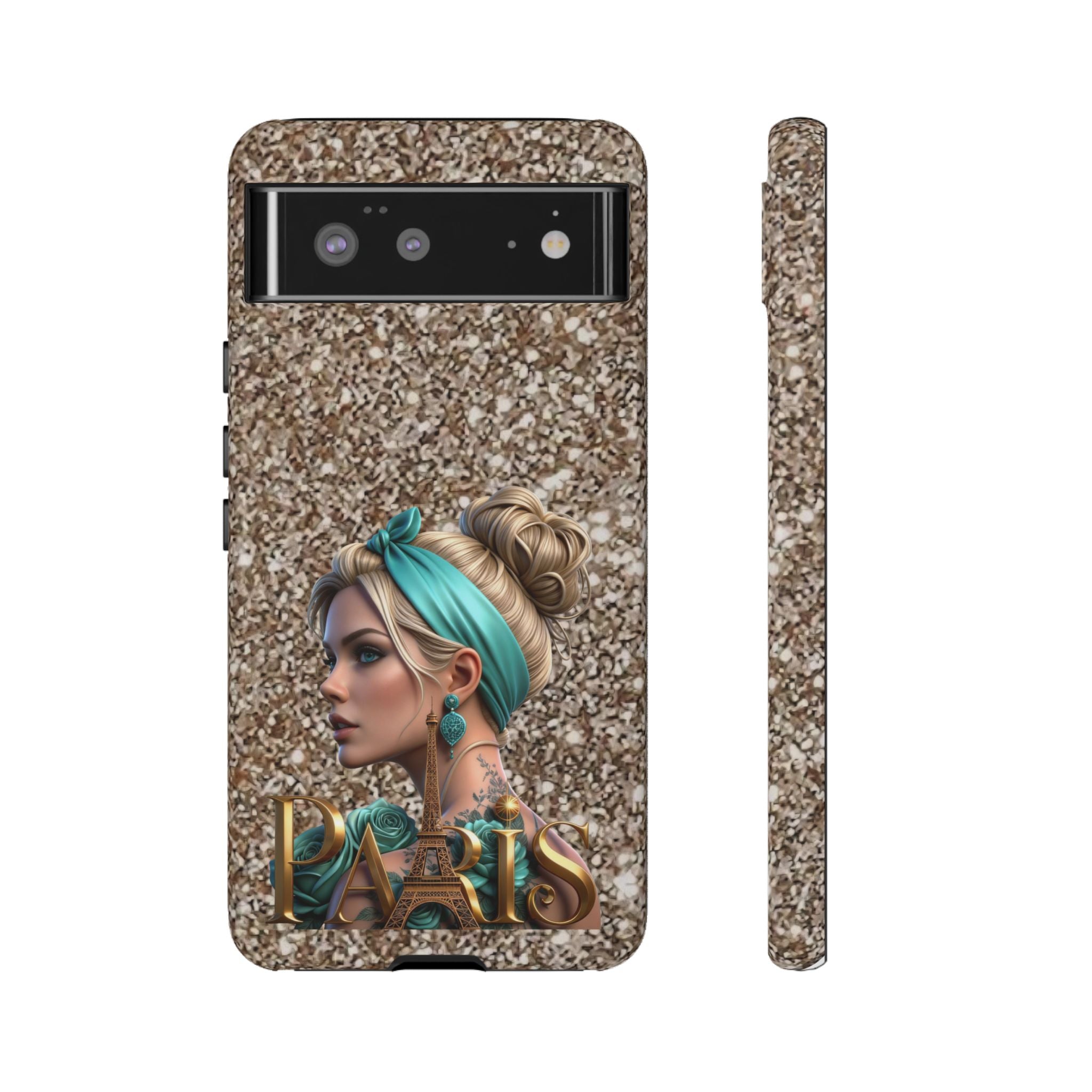 Parisian Glam Phone Case — Retro Pin-Up Girl with Teal Headscarf on Glitter Background Printify