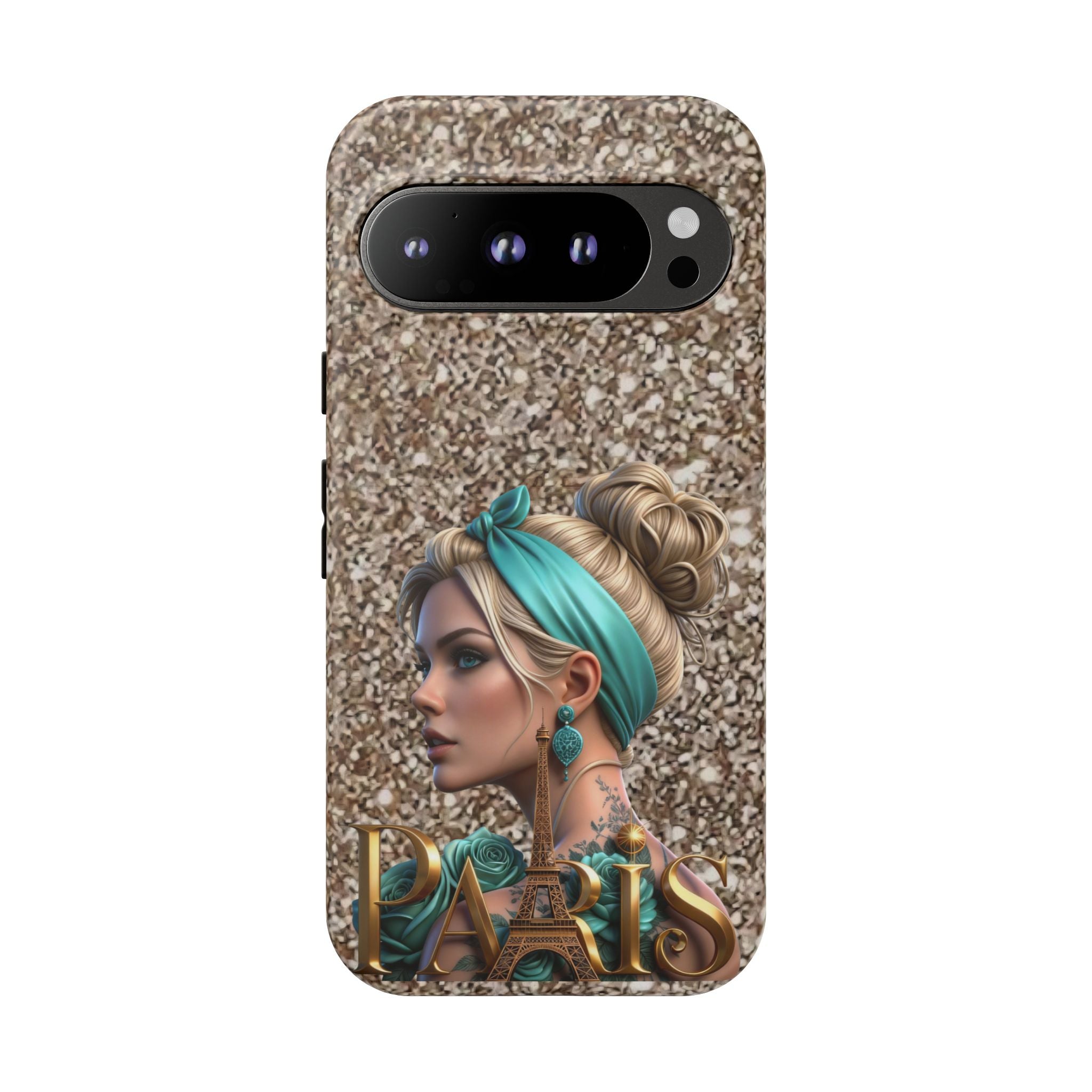 Parisian Glam Phone Case — Retro Pin-Up Girl with Teal Headscarf on Glitter Background Printify