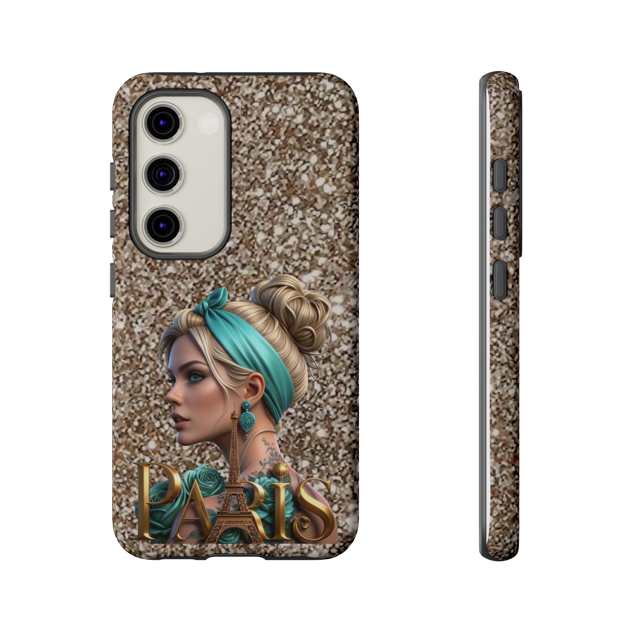 Parisian Glam Phone Case — Retro Pin-Up Girl with Teal Headscarf on Glitter Background Printify