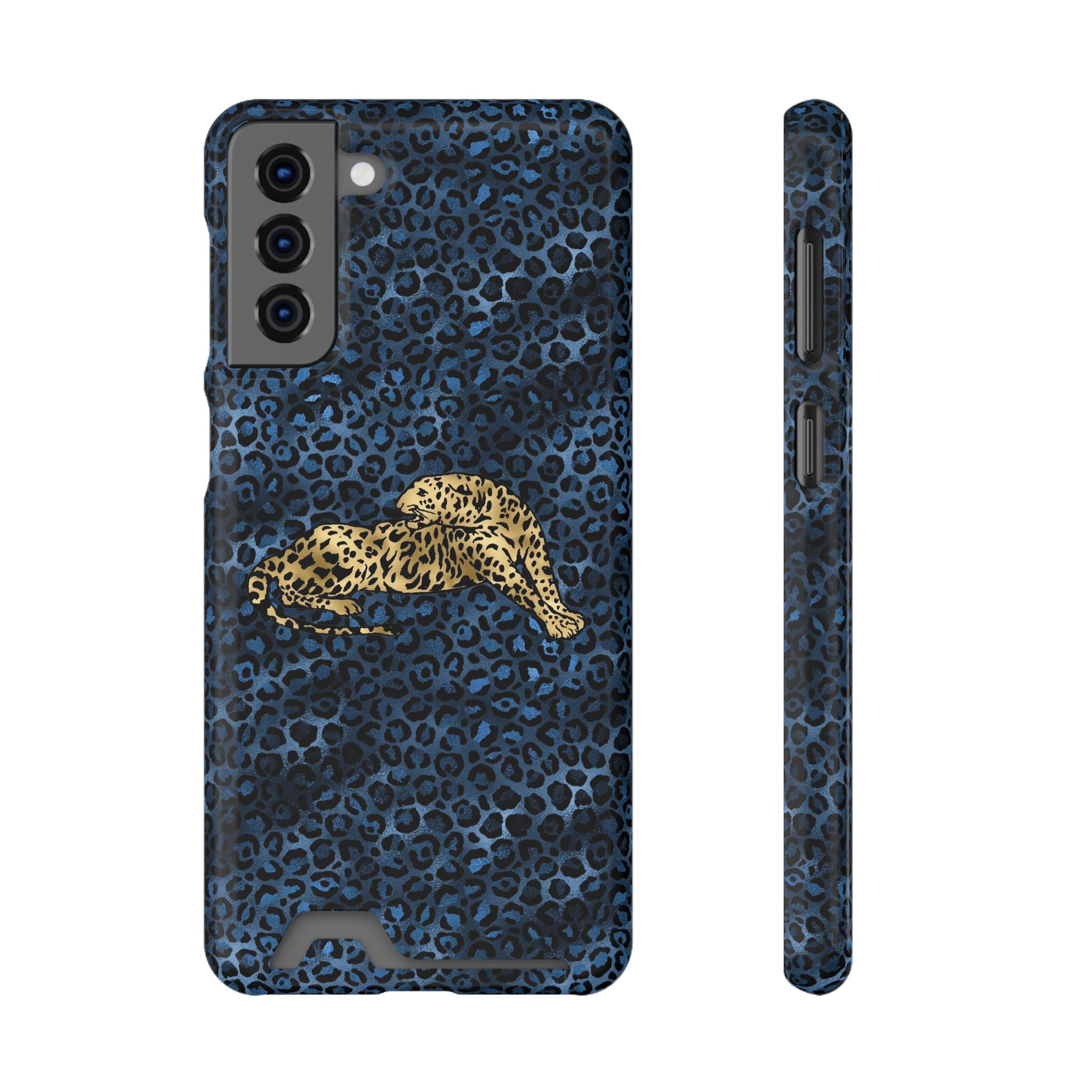 Blue Leopard Phone Case with Card Holder — Gold Cheetah Accent Printify