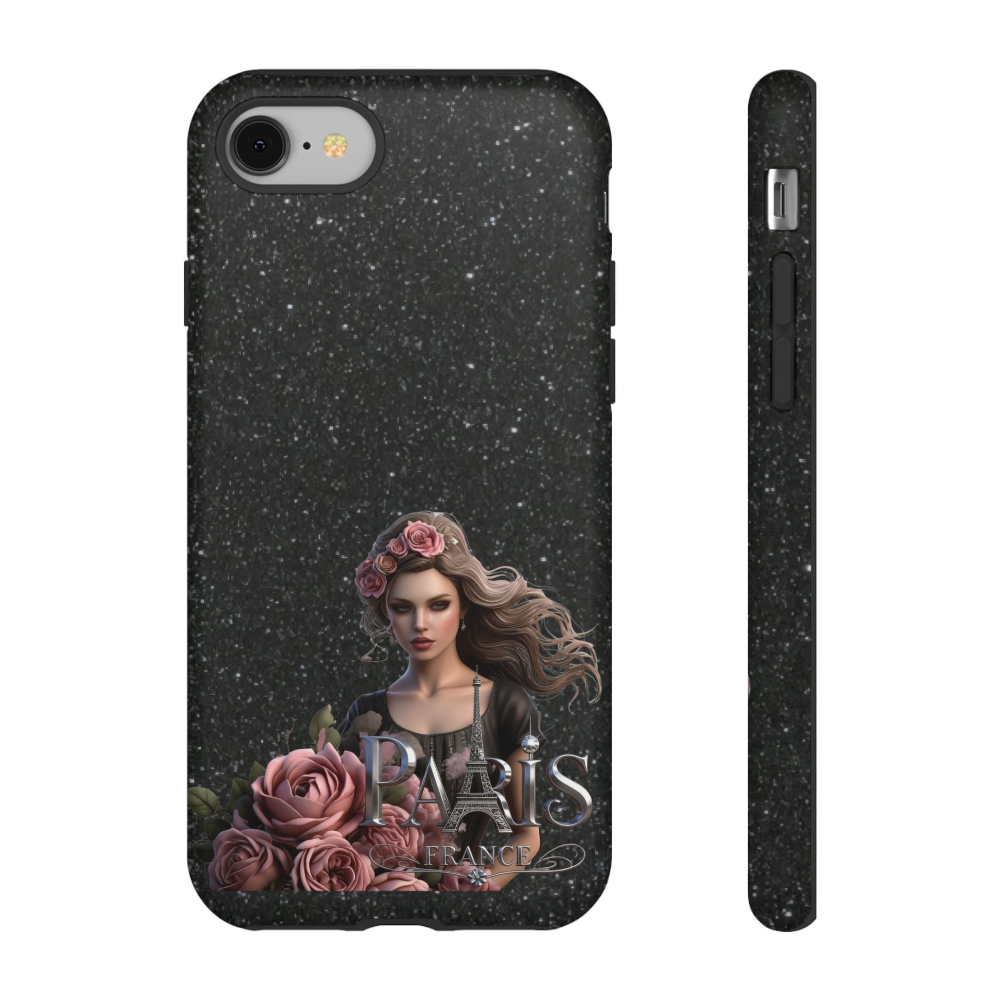 Floral Gothic Phone Case — Rose Crowned Woman on Sparkle Black Printify