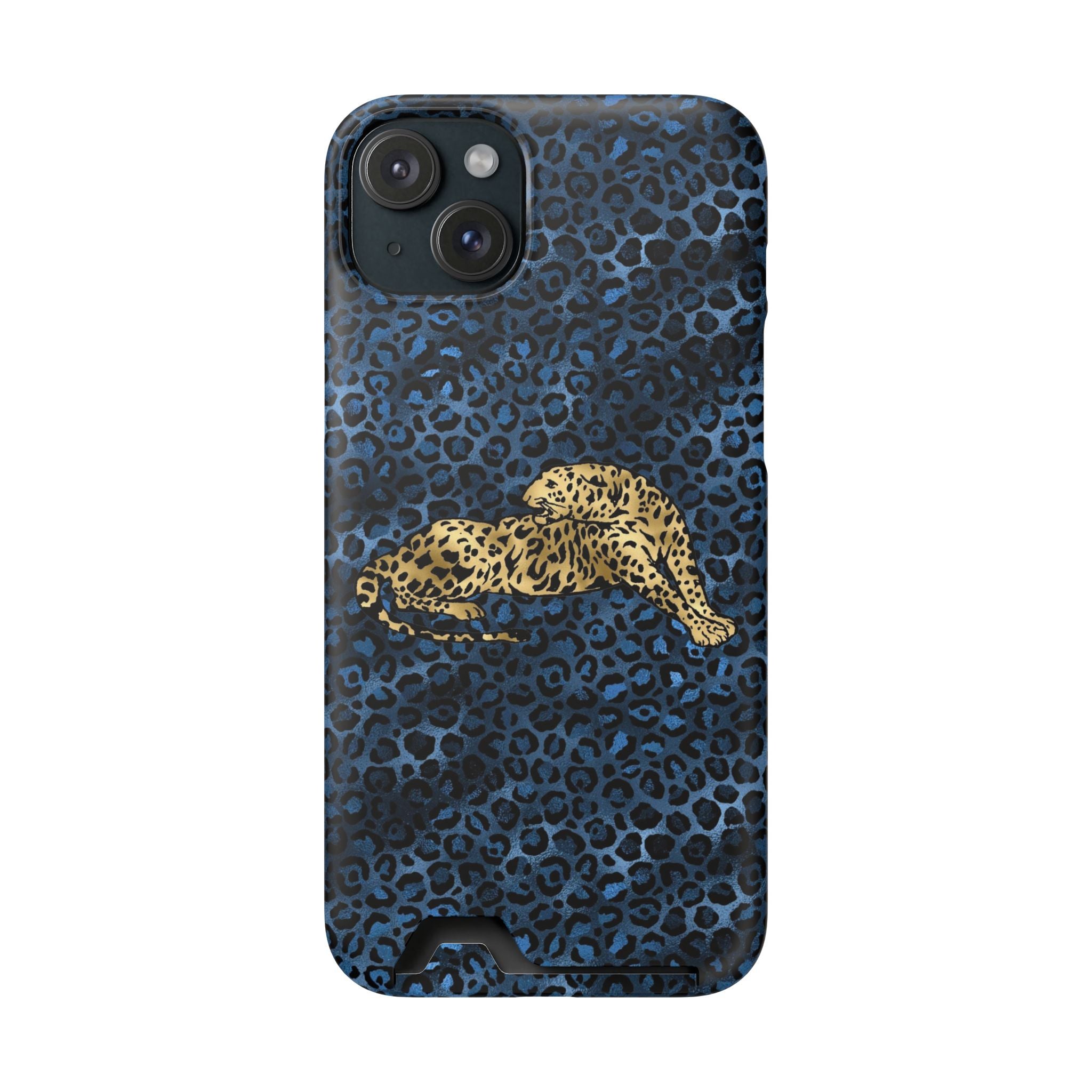 Blue Leopard Phone Case with Card Holder — Gold Cheetah Accent Printify